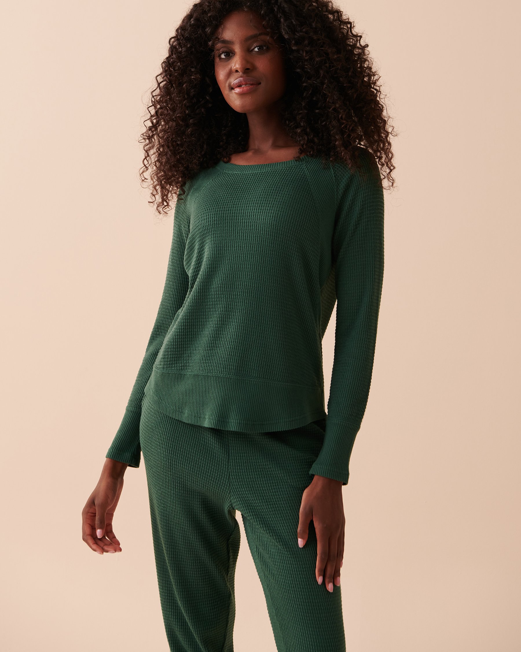 LA VIE EN ROSE Waffle Knit Long Sleeve Shirt Pine Green 40100514 - View1