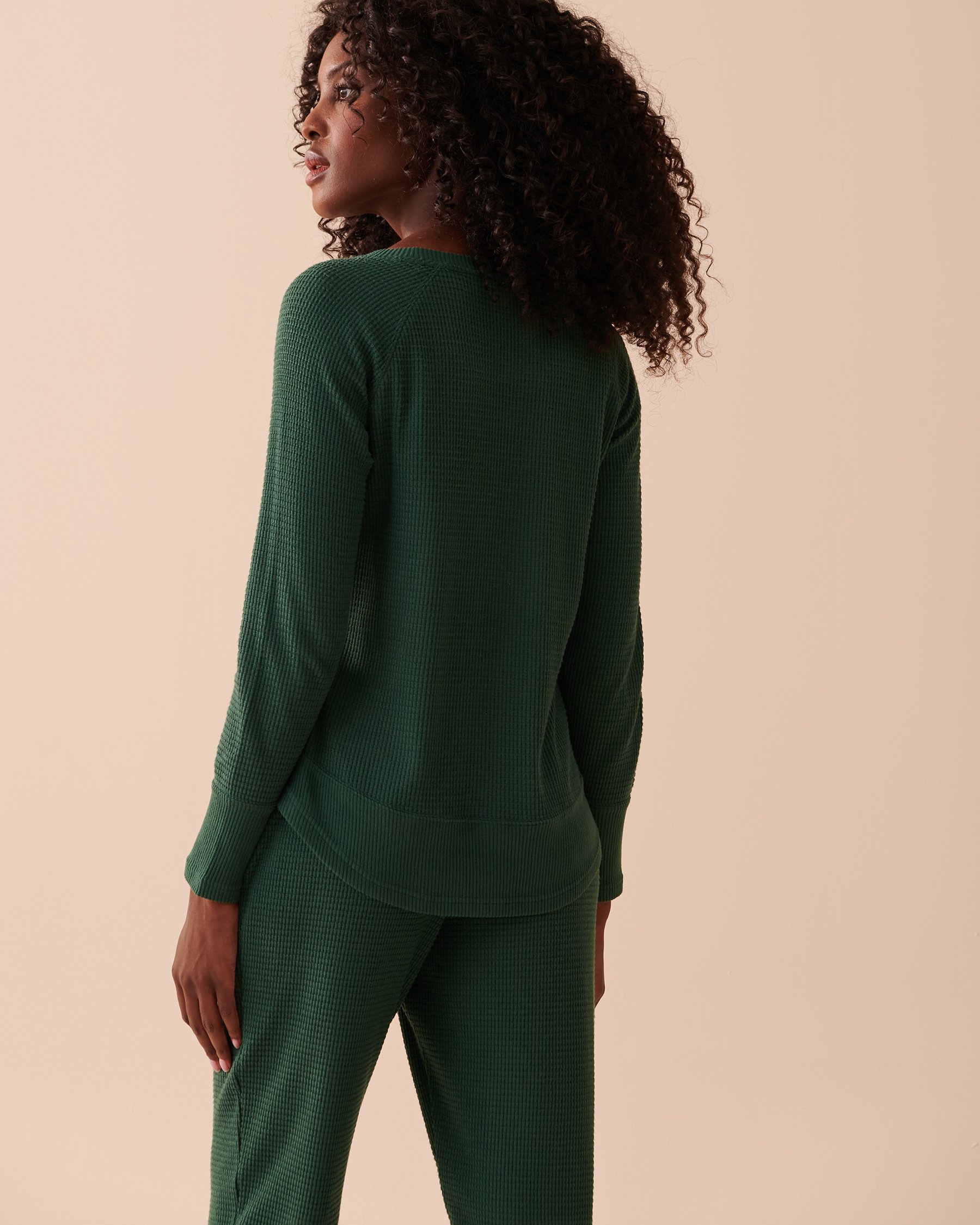 LA VIE EN ROSE Waffle Knit Long Sleeve Shirt Pine Green 40100514 - View2