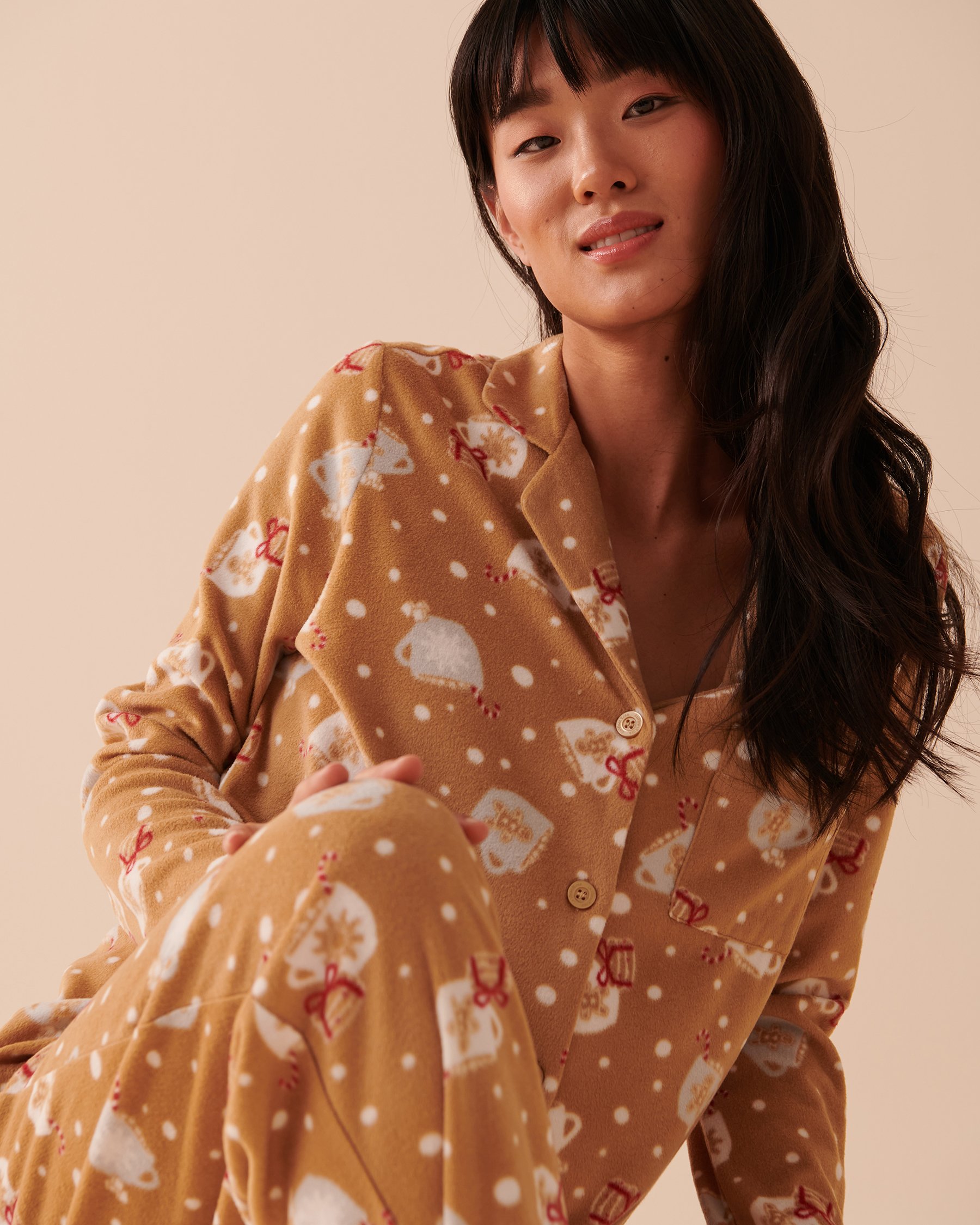 LA VIE EN ROSE Winter Print Micropolar PJ Set Hot Chocolate 40400054 - View2