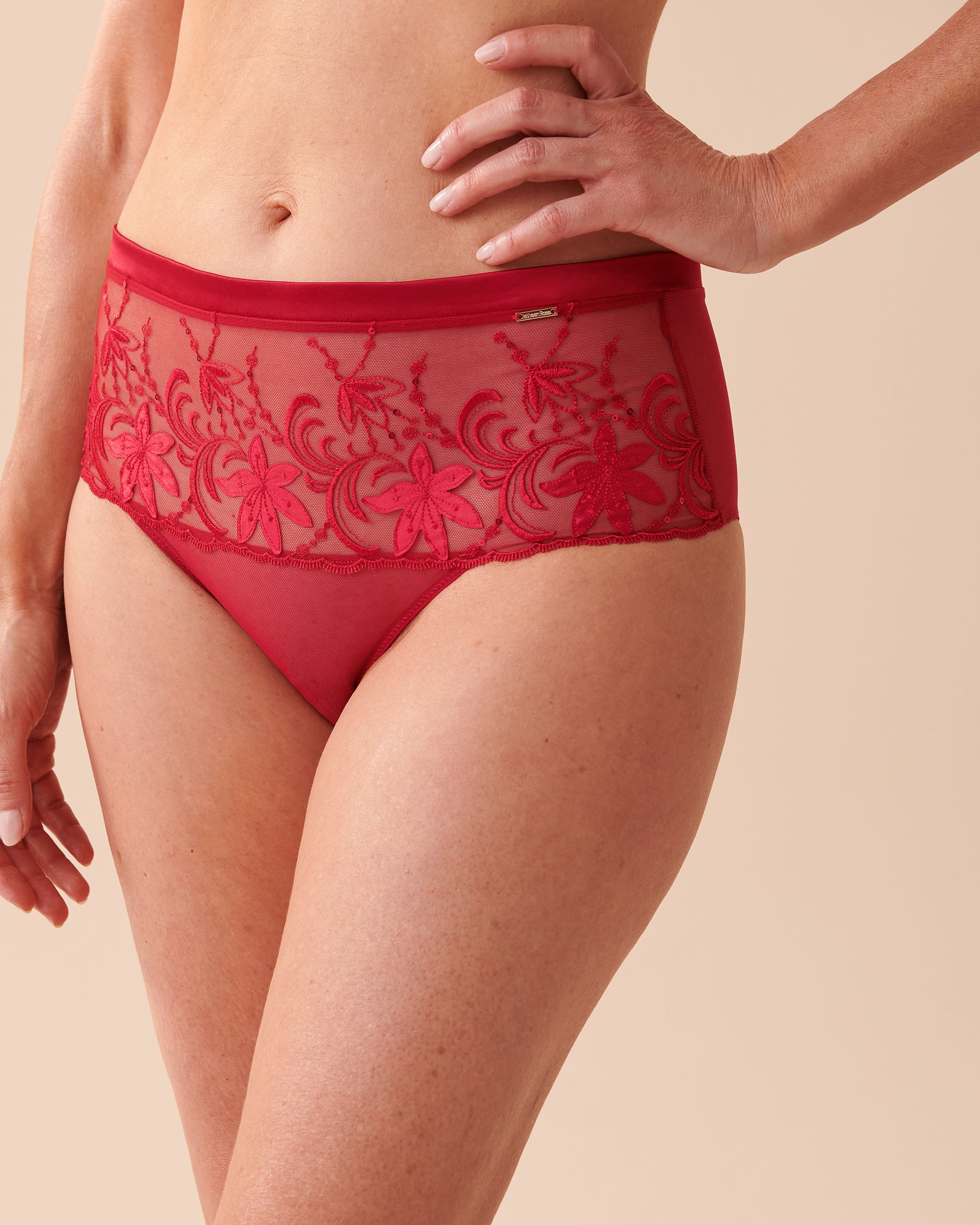 LA VIE EN ROSE Culotte bikini taille haute en résille à fleurs appliquées Rouge festif 20300265 - Voir1