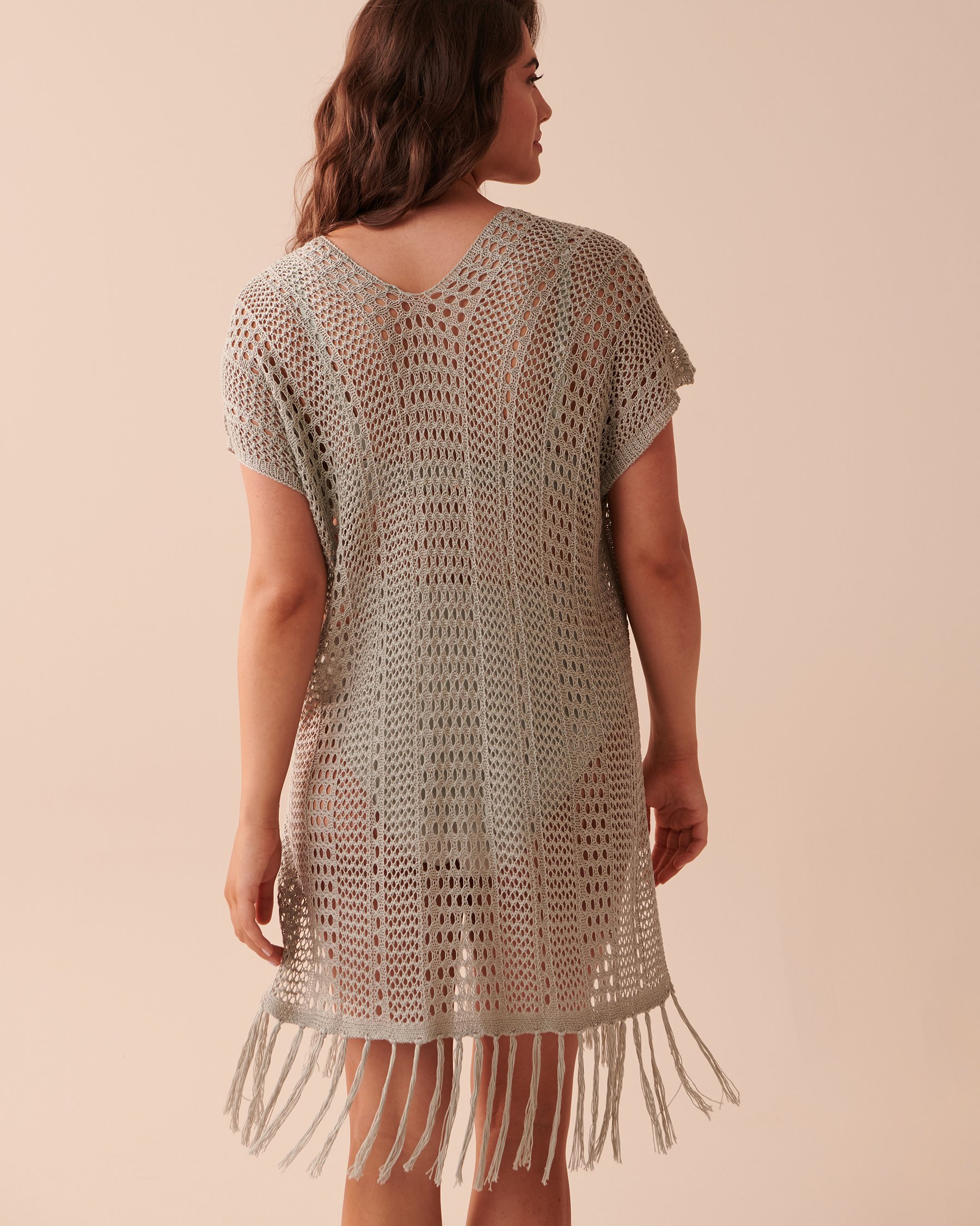 LA VIE EN ROSE AQUA Lace Up Crochet Caftan Khaki Grey 80400045 - View2