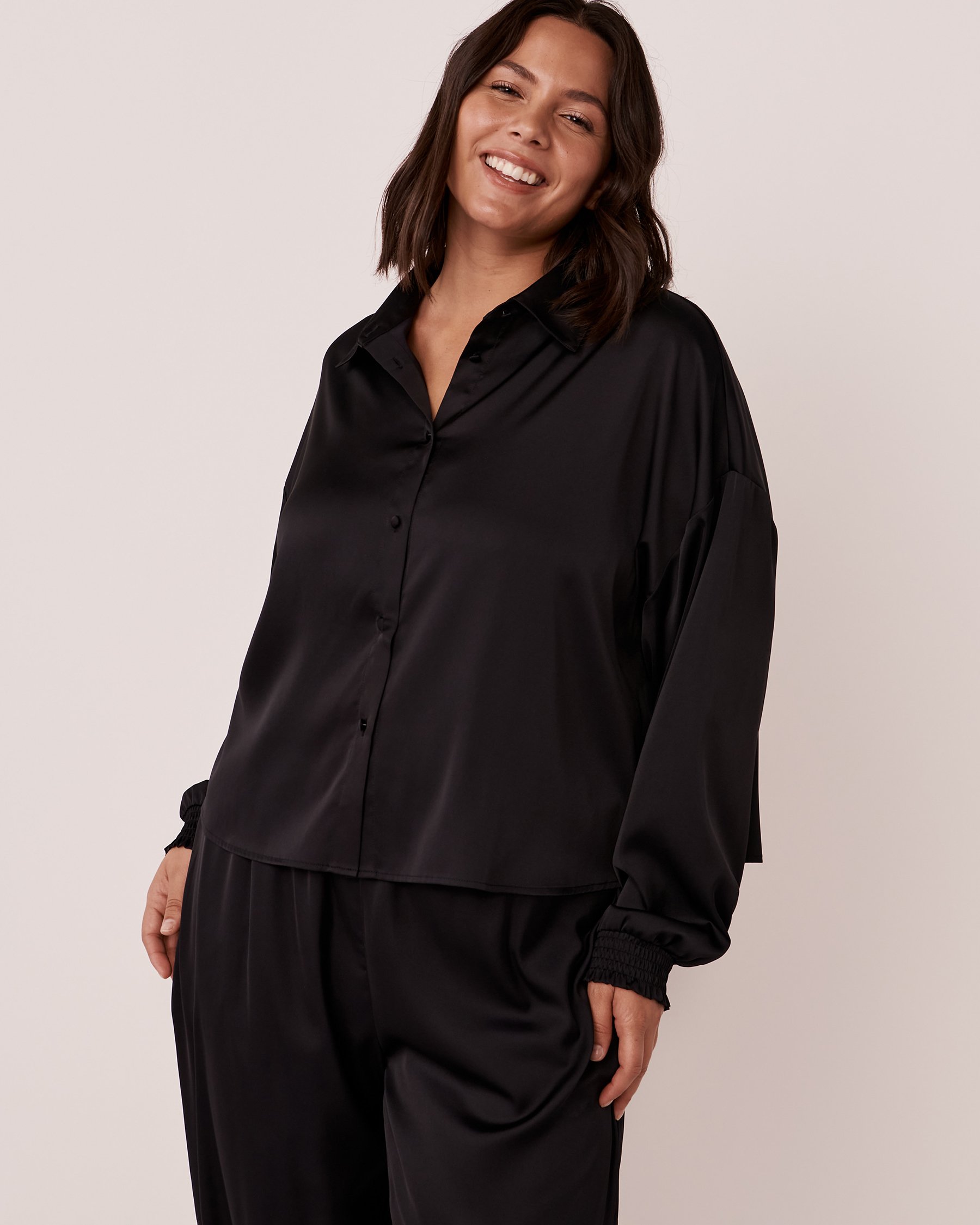 LA VIE EN ROSE Black Satin Long Sleeve Button-down Shirt Black 60100051 - View3