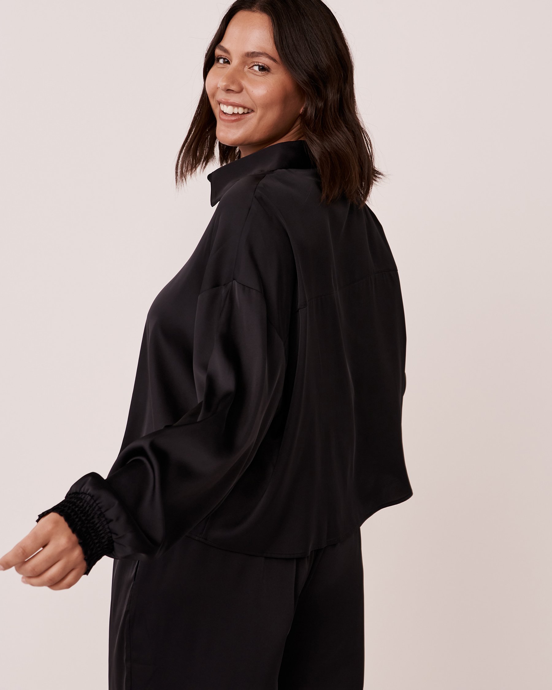 LA VIE EN ROSE Black Satin Long Sleeve Button-down Shirt Black 60100051 - View2