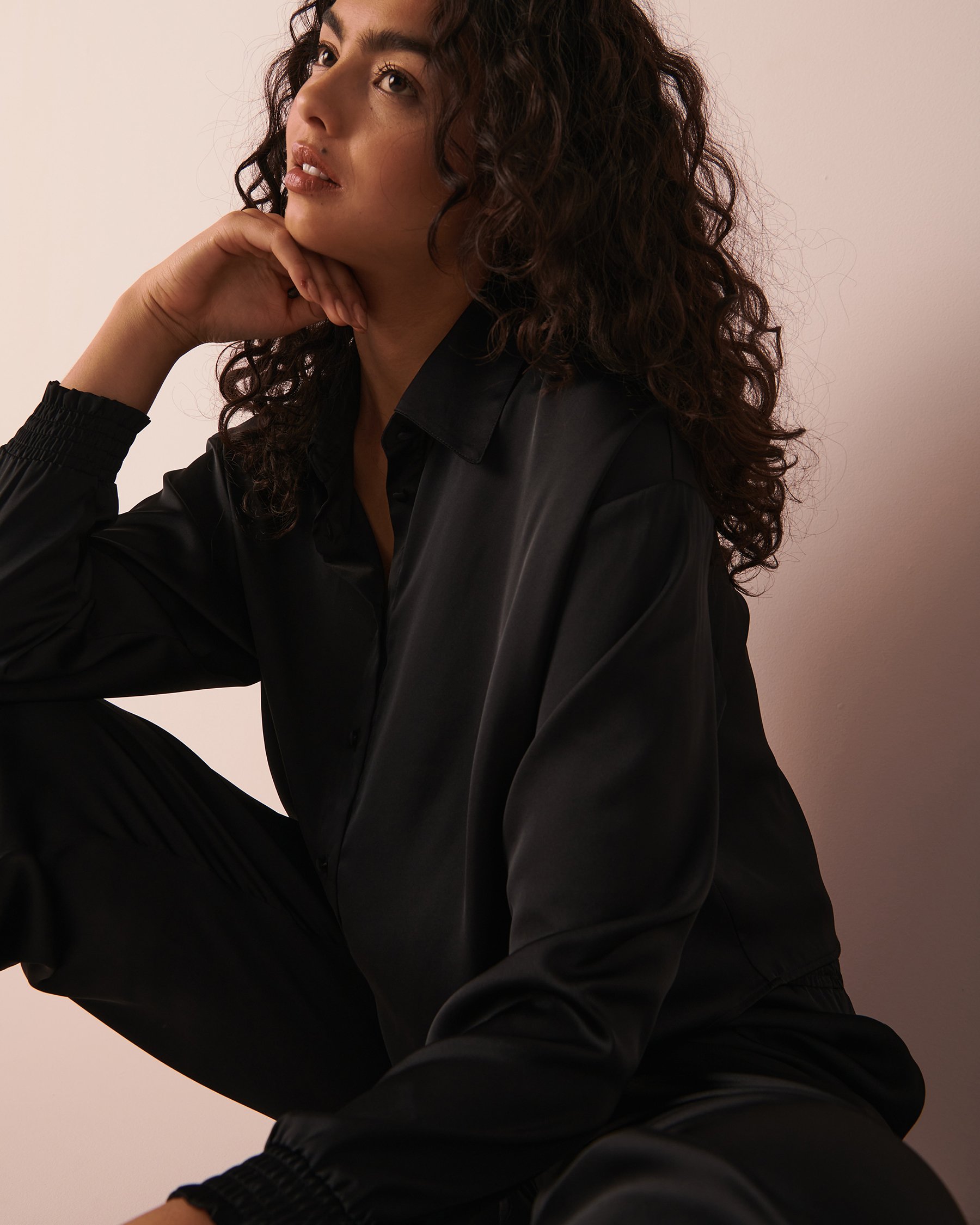 LA VIE EN ROSE Black Satin Long Sleeve Button-down Shirt Black 60100051 - View5