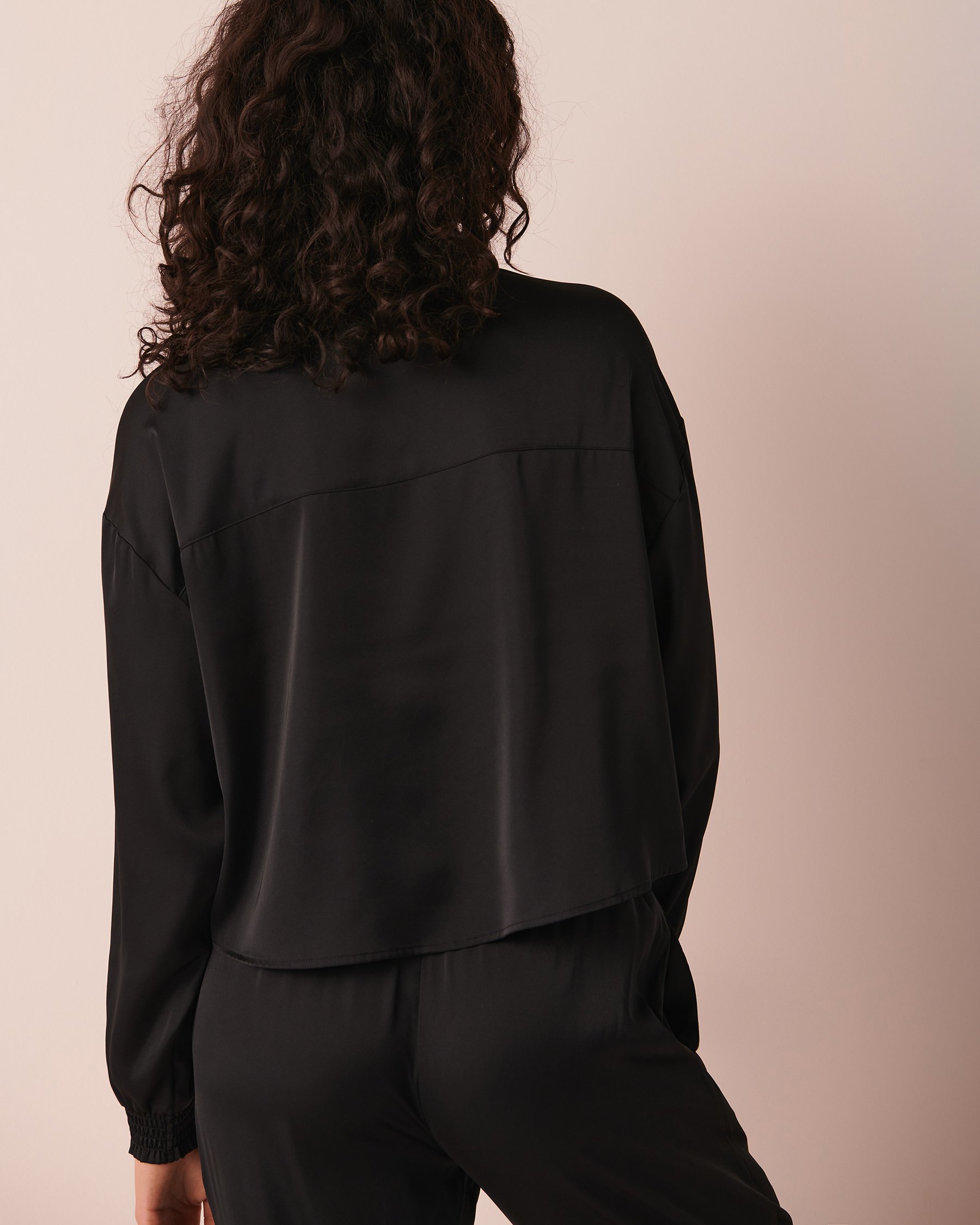 LA VIE EN ROSE Black Satin Long Sleeve Button-down Shirt Black 60100051 - View7