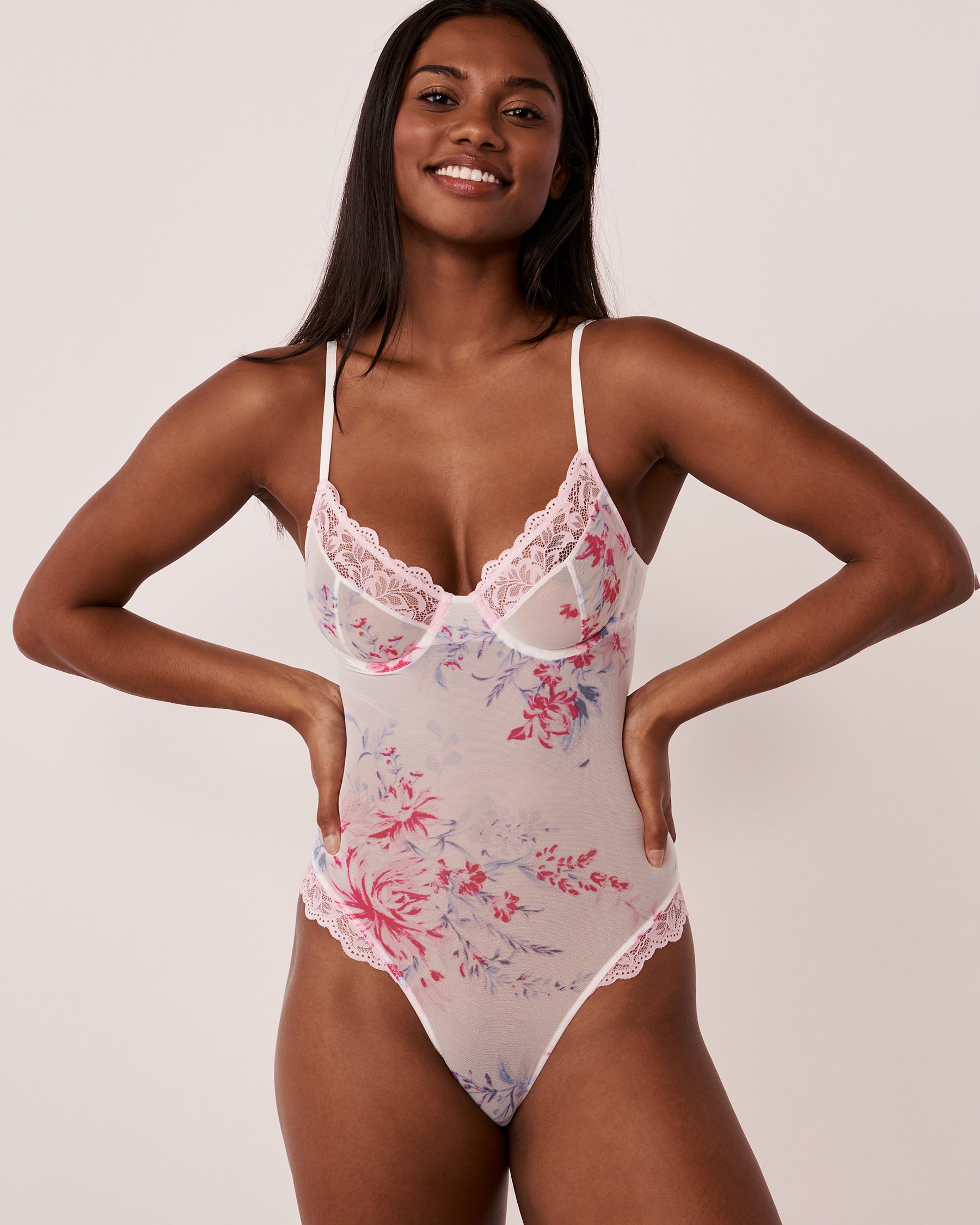 LA VIE EN ROSE Lace and Mesh Floral Teddy White garden 60300048 - View3