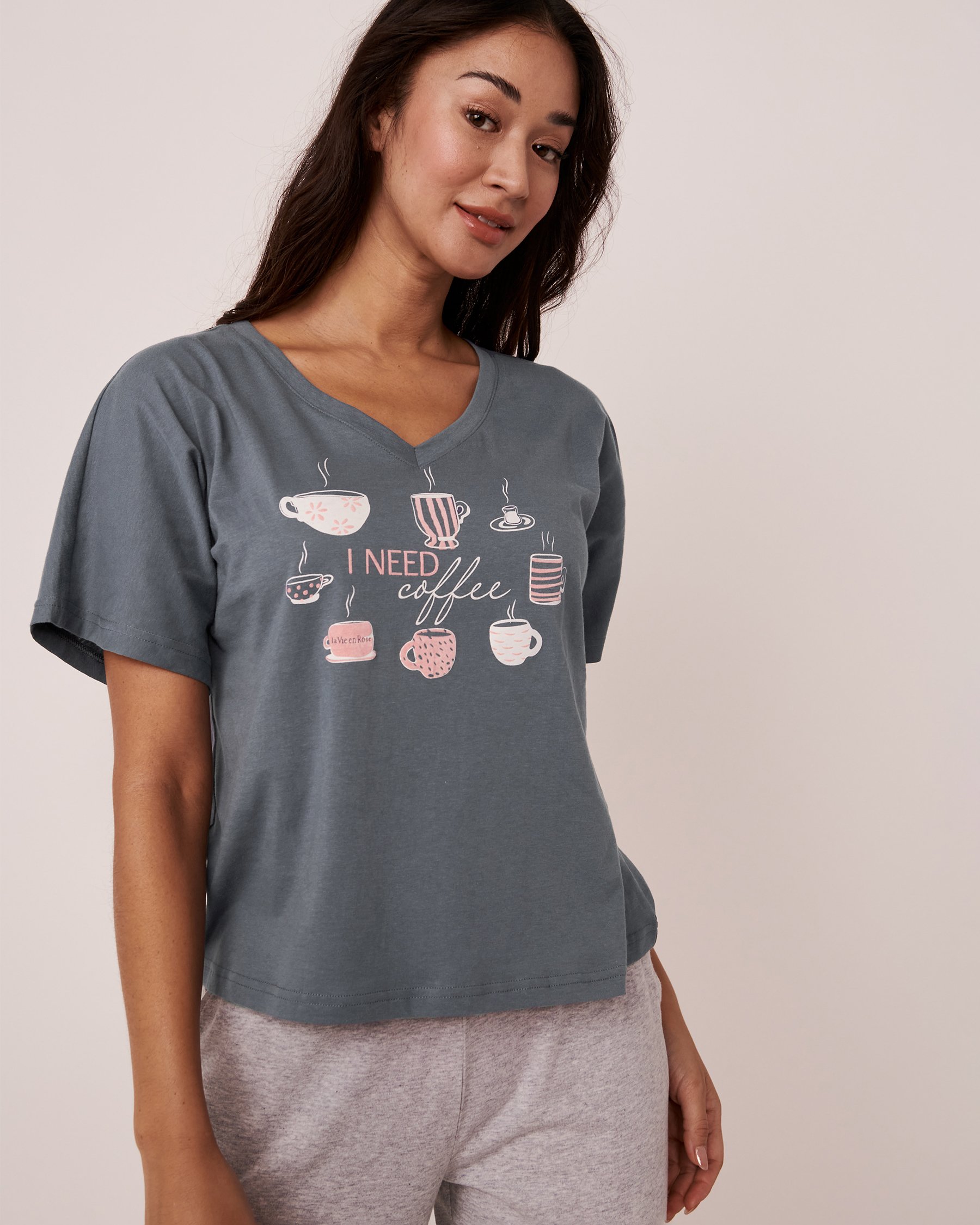 LA VIE EN ROSE T-shirt col en V en coton Bleu glacial 40100404 - Voir1
