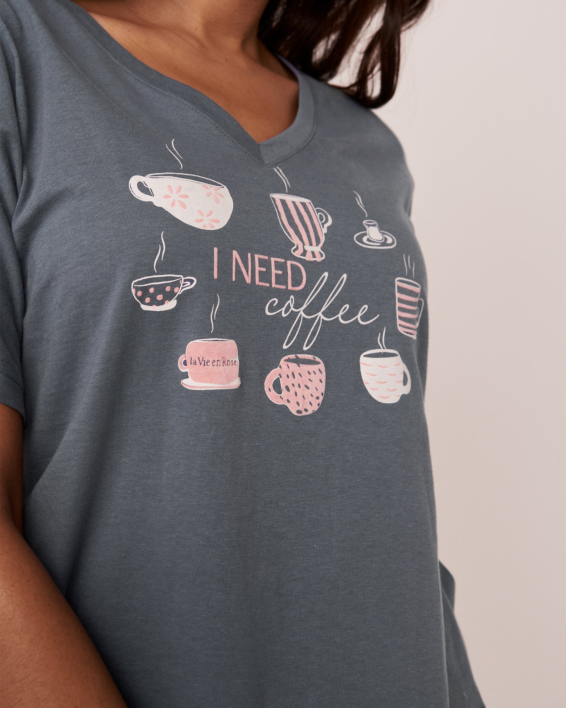 LA VIE EN ROSE T-shirt col en V en coton Bleu glacial 40100404 - Voir2