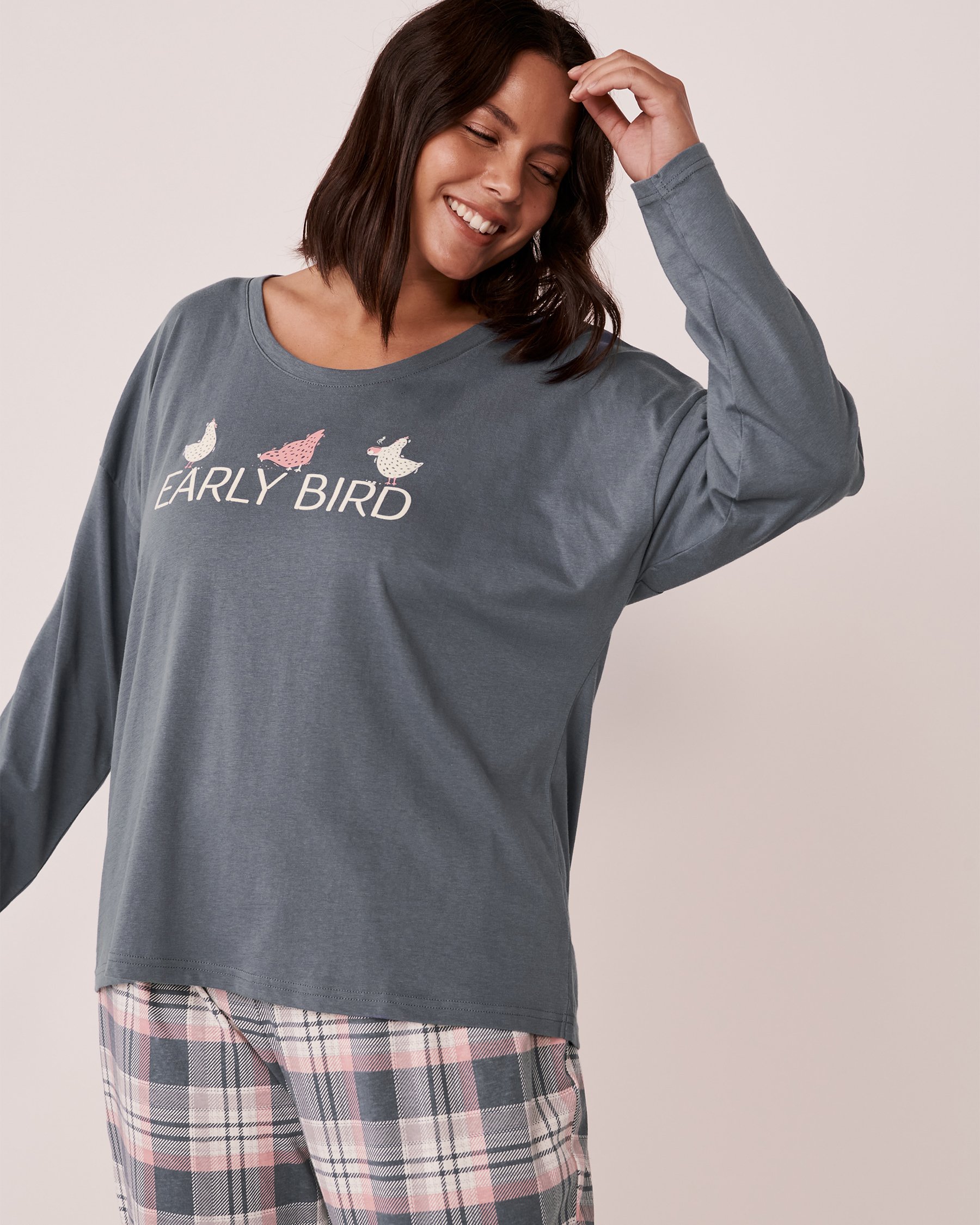LA VIE EN ROSE Cotton Crew Neck Long Sleeve Shirt Icy blue 40100406 - View1