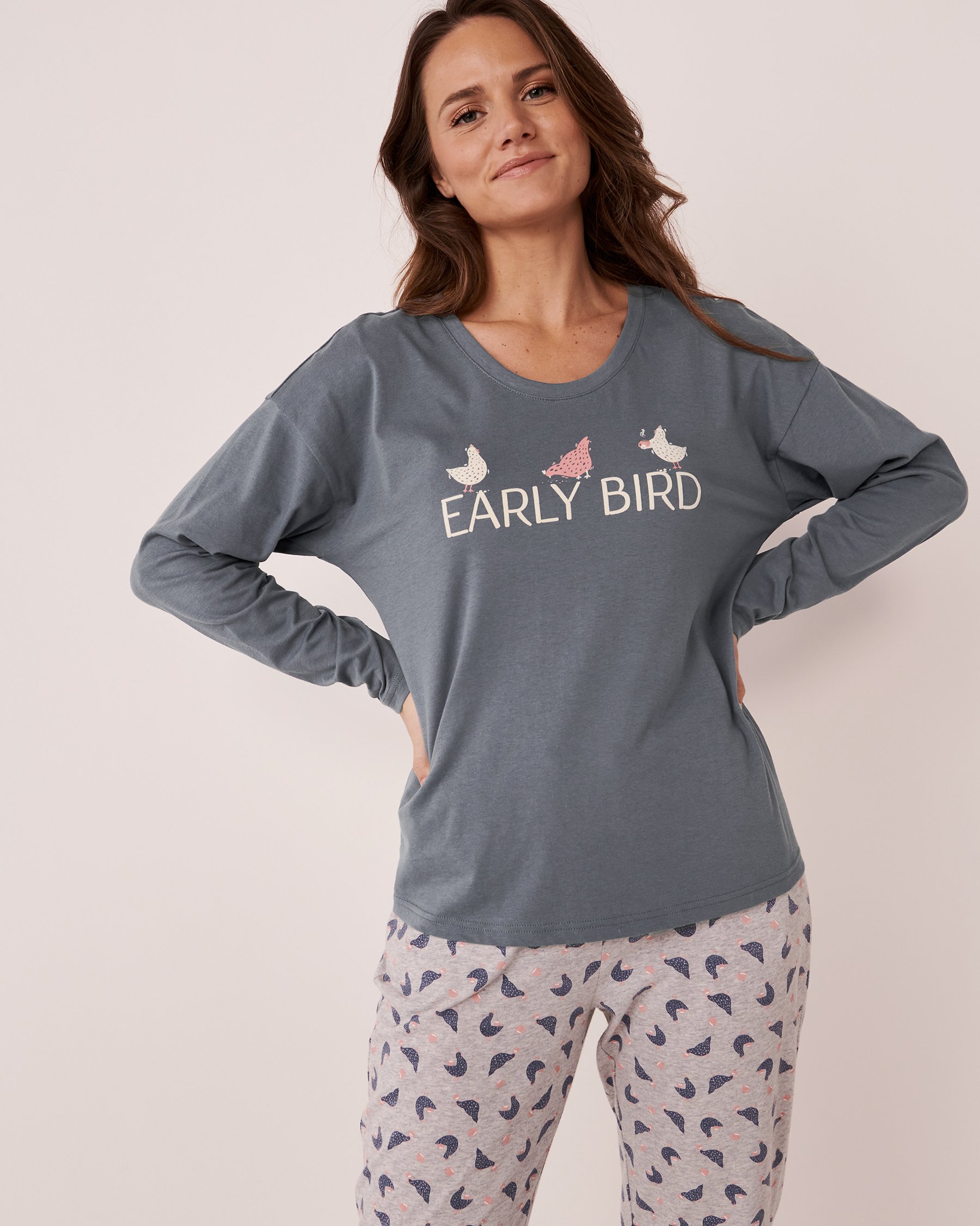 LA VIE EN ROSE Cotton Crew Neck Long Sleeve Shirt Icy blue 40100406 - View4