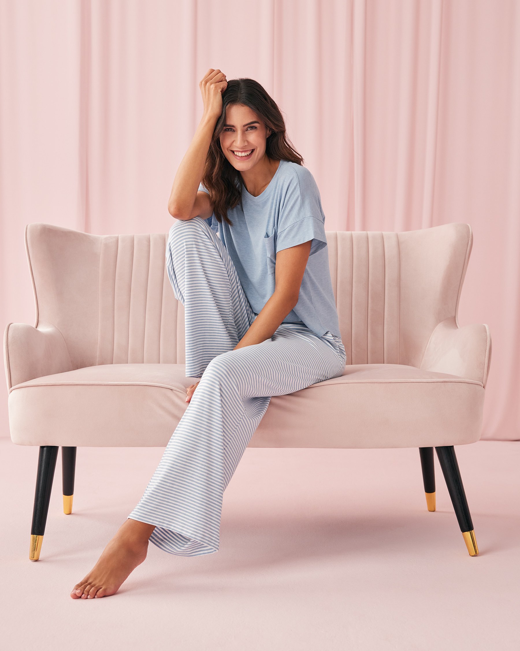 LA VIE EN ROSE Pantalon jambe large en bambou Rayures bleues 40200381 - Voir1