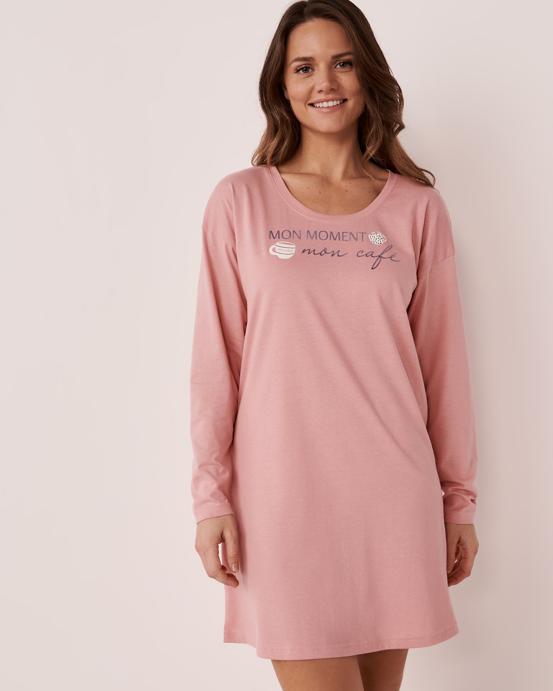 LA VIE EN ROSE Chemise de nuit manches longues en coton Vieux rose 40500248 - Voir1