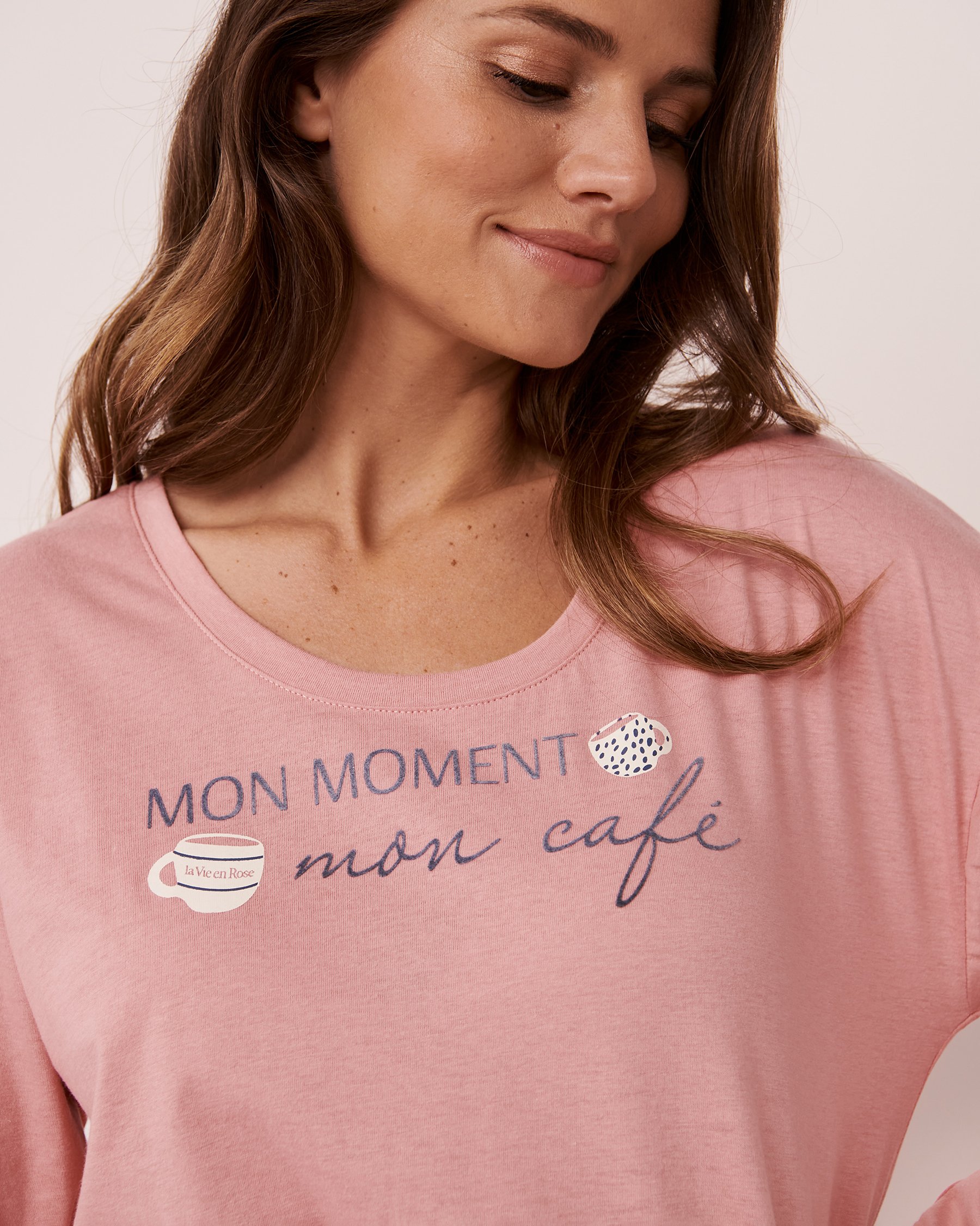 LA VIE EN ROSE Chemise de nuit manches longues en coton Vieux rose 40500248 - Voir2