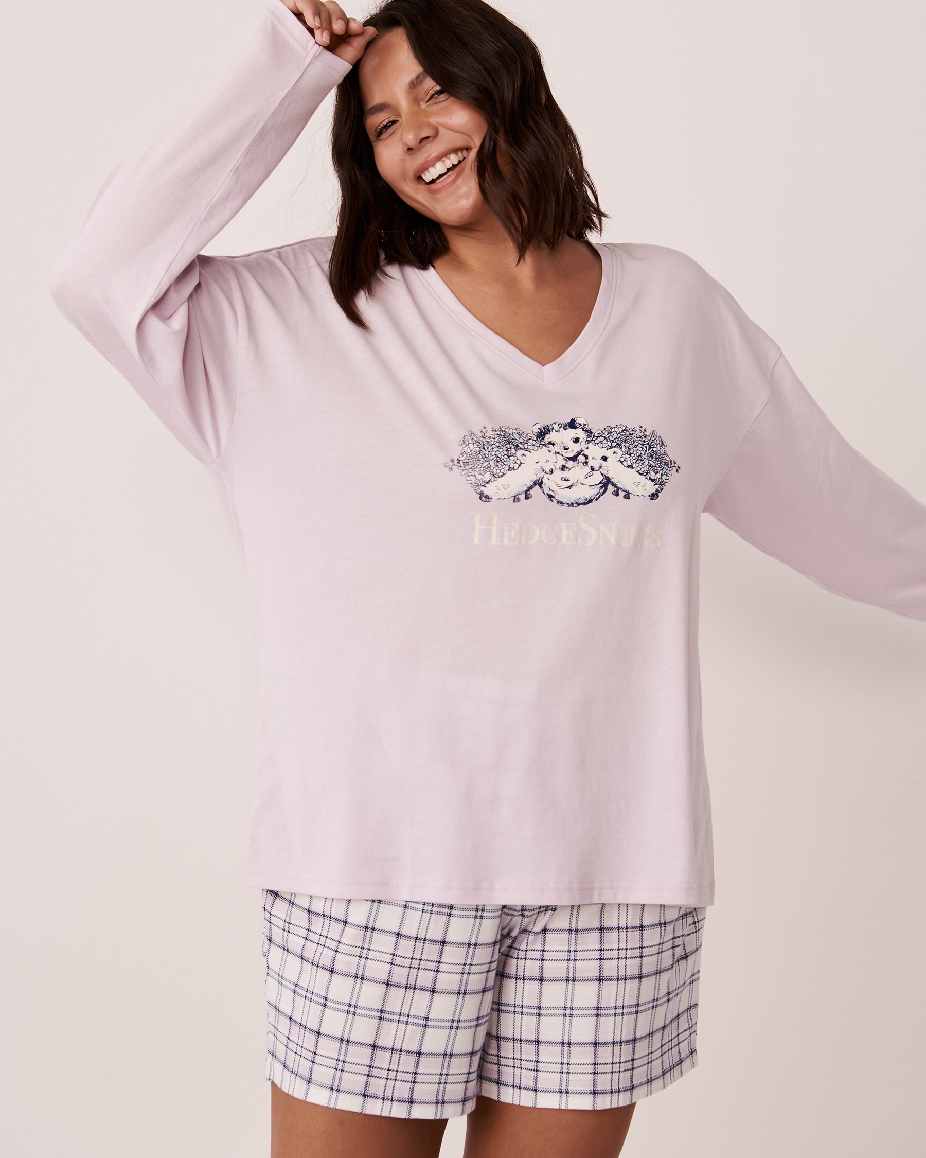 LA VIE EN ROSE Cotton V-neck Long Sleeve Shirt Lilac 40100401 - View4