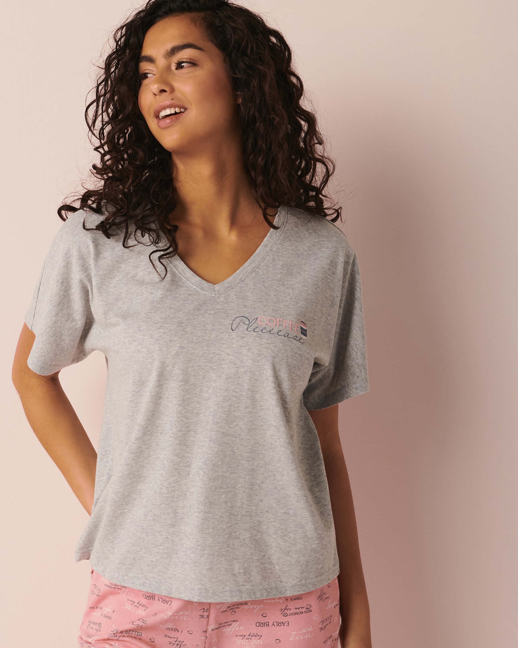 LA VIE EN ROSE T-shirt col en V en coton Gris confo 40100404 - View1