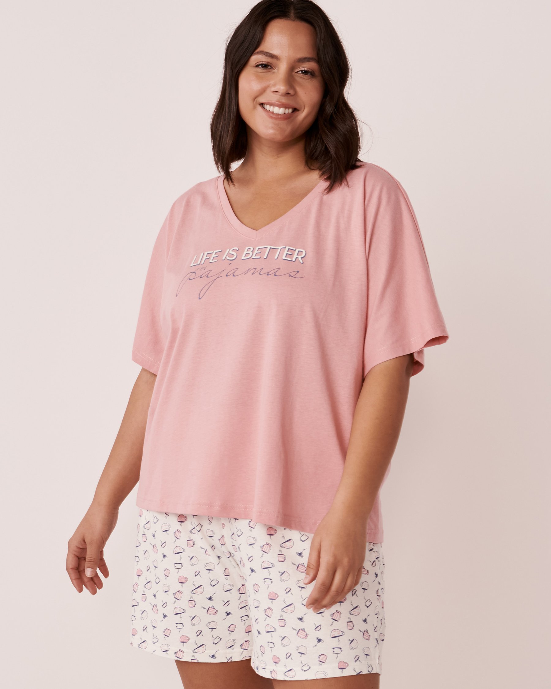 LA VIE EN ROSE T-shirt col en V en coton Vieux rose 40100404 - View1