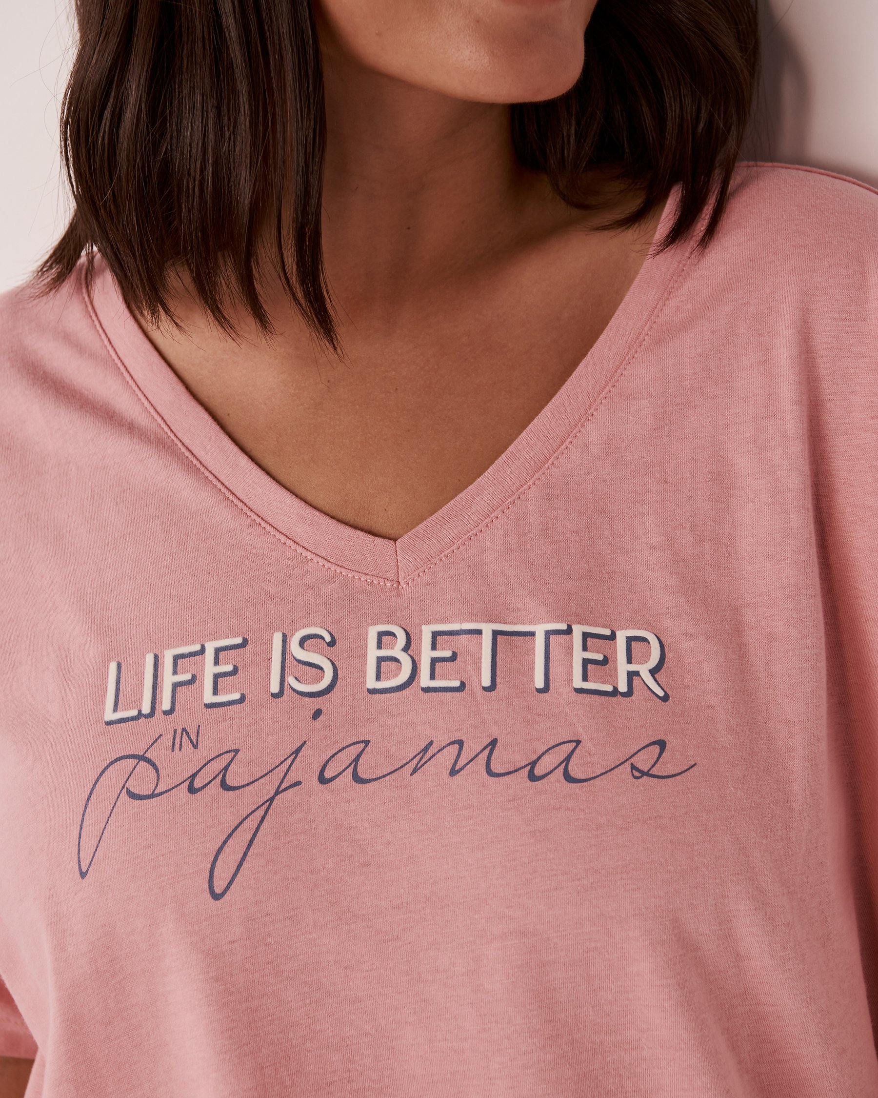 LA VIE EN ROSE T-shirt col en V en coton Vieux rose 40100404 - View2