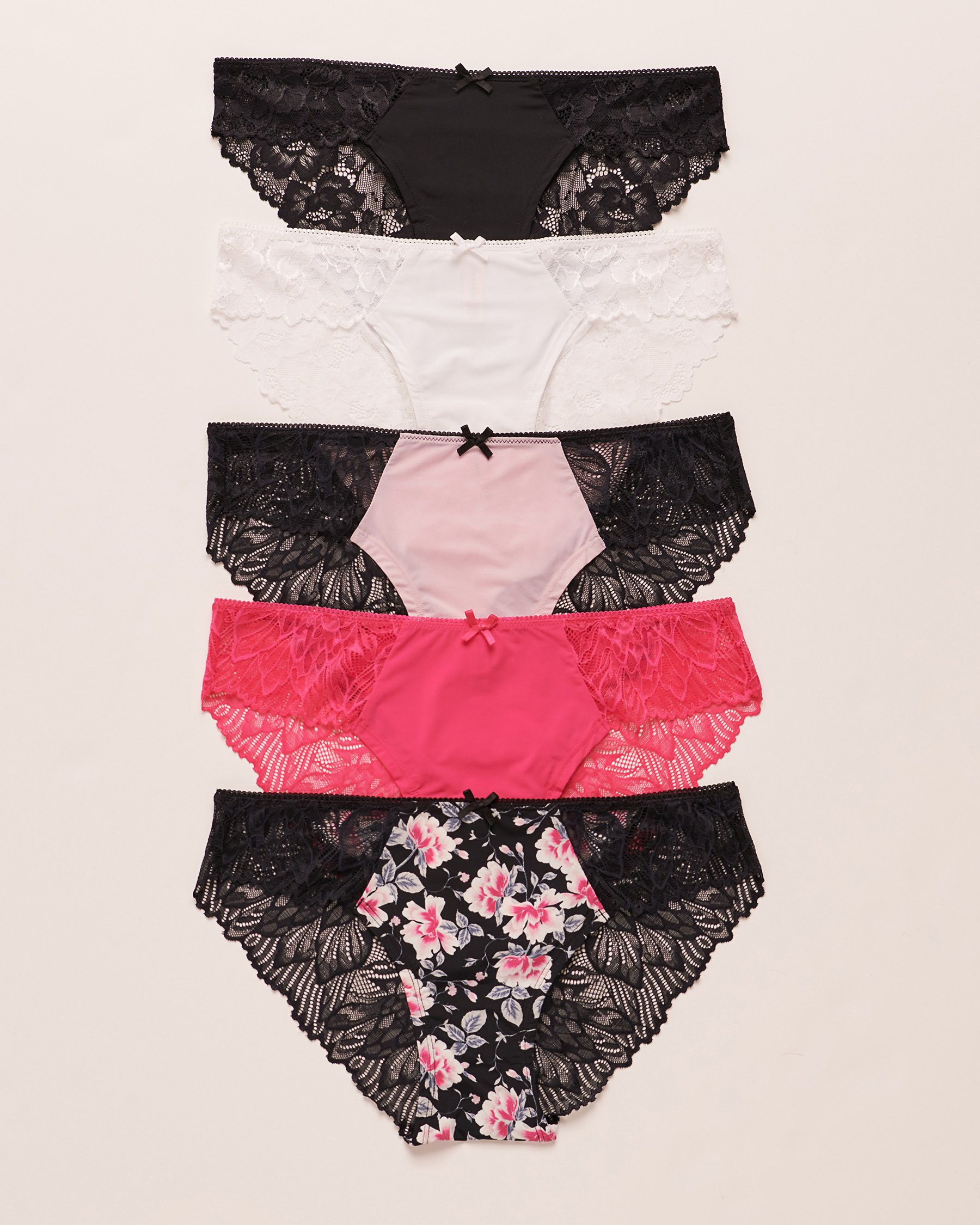 LA VIE EN ROSE Lot de 5 culottes bikini microfibre et dentelle Multicouleur 20200283 5PK - Voir1