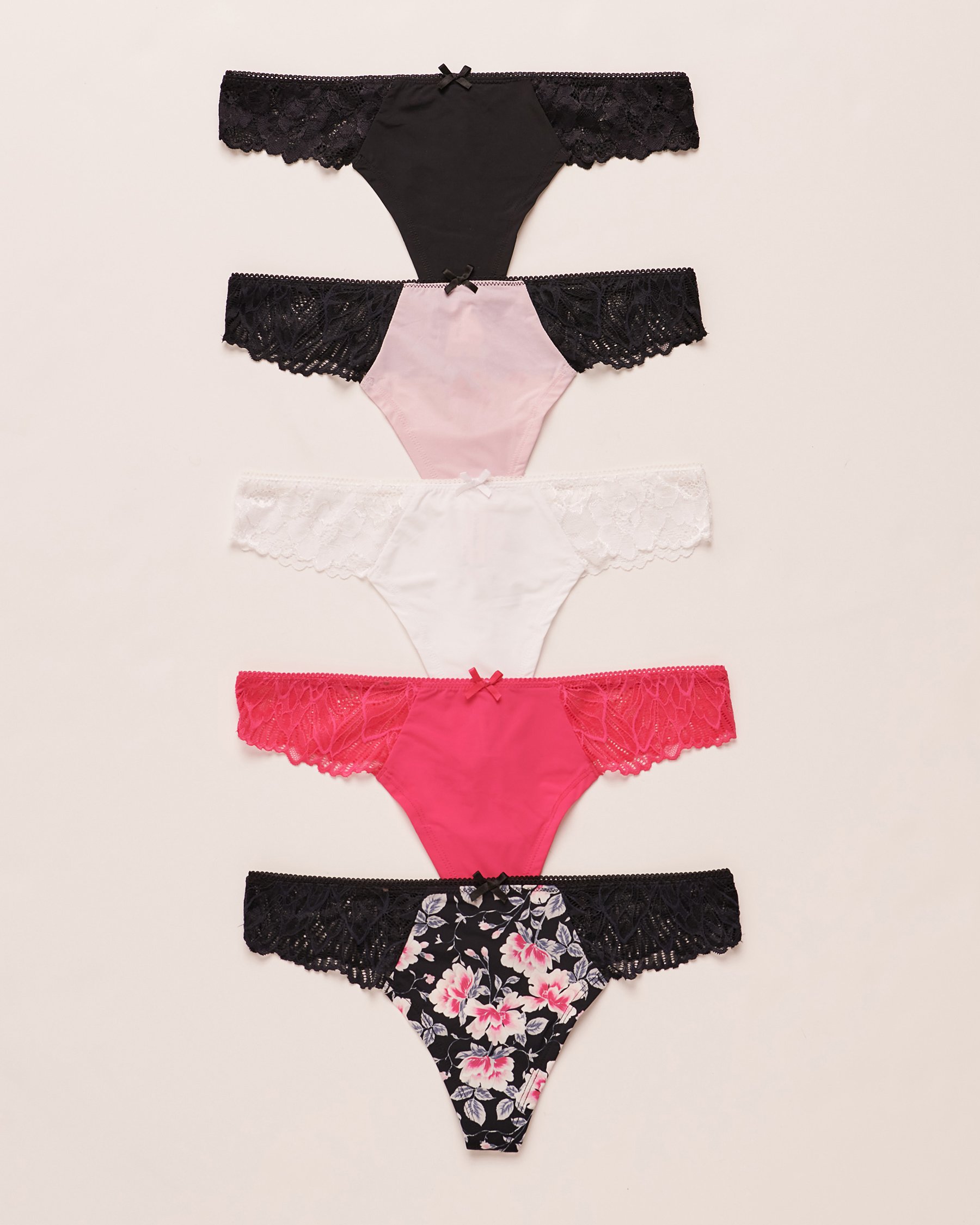 LA VIE EN ROSE 5-Pack Microfiber and Lace Thong Panty Multicolor 20200282 5PK - View1