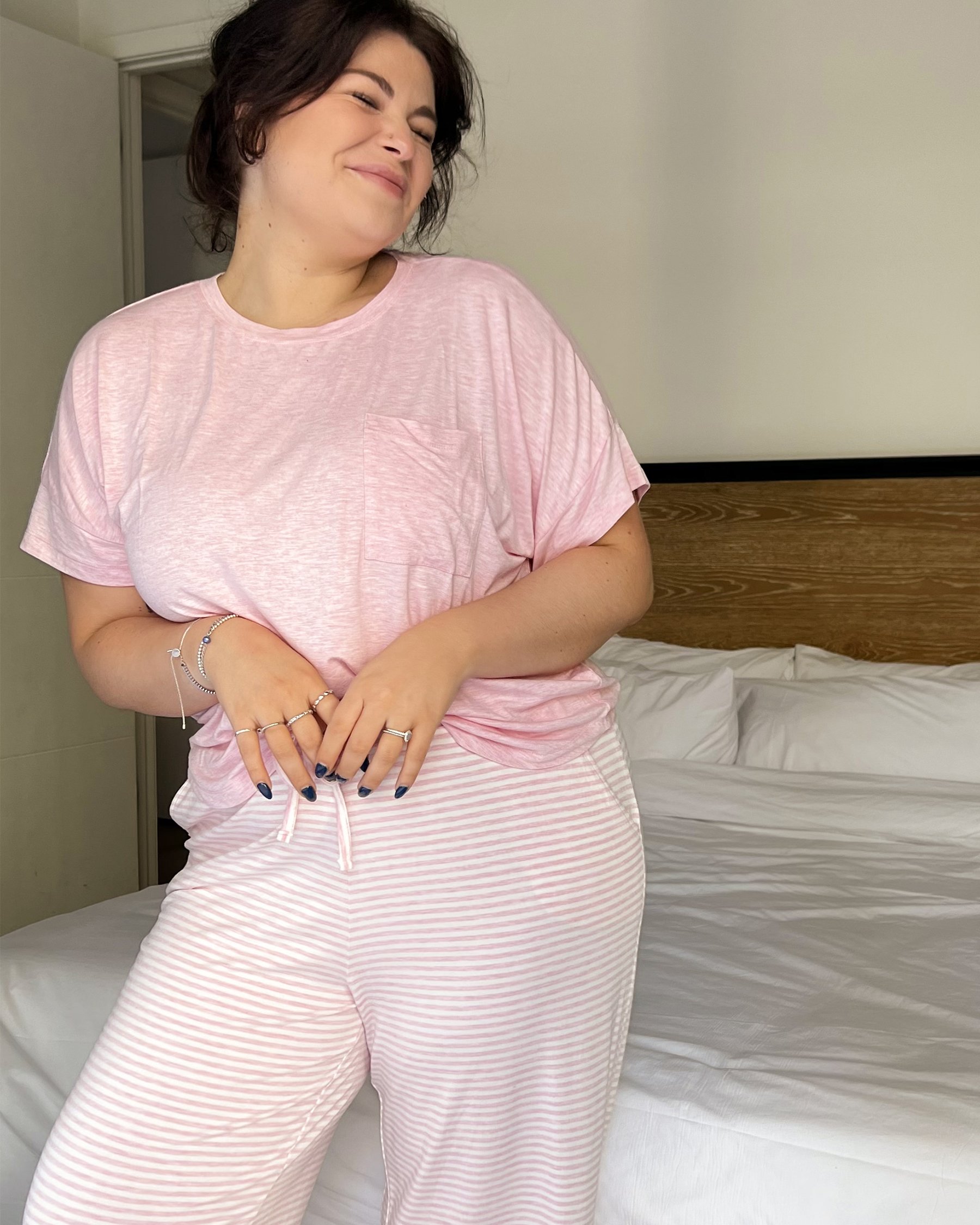 LA VIE EN ROSE Pantalon jambe large en bambou Rayures roses 40200381 - Voir3
