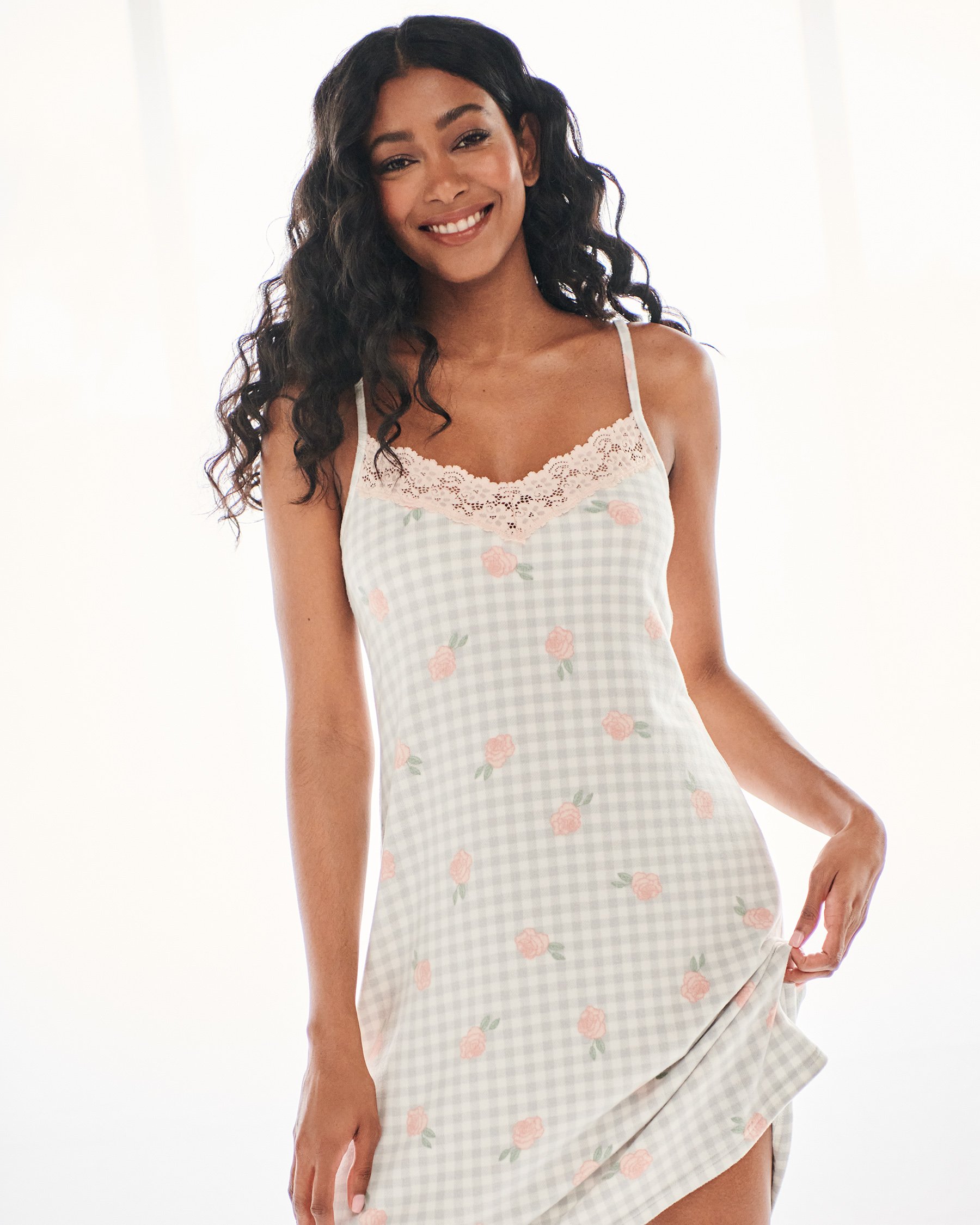 LA VIE EN ROSE Recycled Fibers Lace Trim Nightie Vichy and roses 40500251 - View1