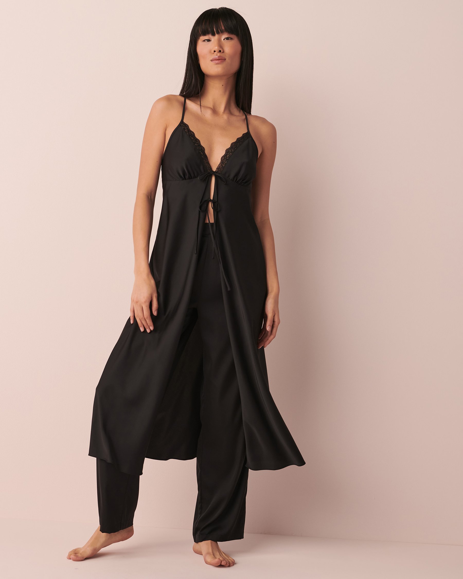 LA VIE EN ROSE Satin Maxi Open Front Cami Black 60100058 - View1