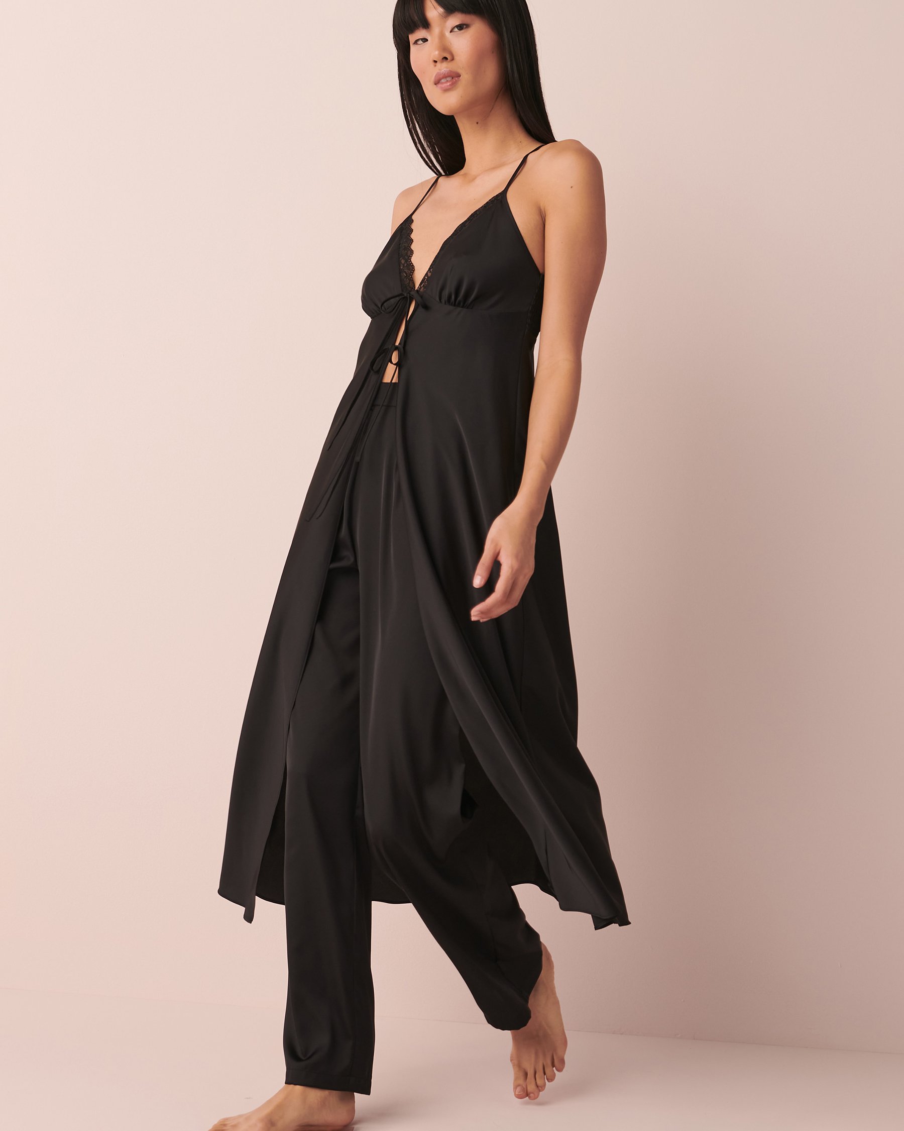 LA VIE EN ROSE Satin Maxi Open Front Cami Black 60100058 - View4