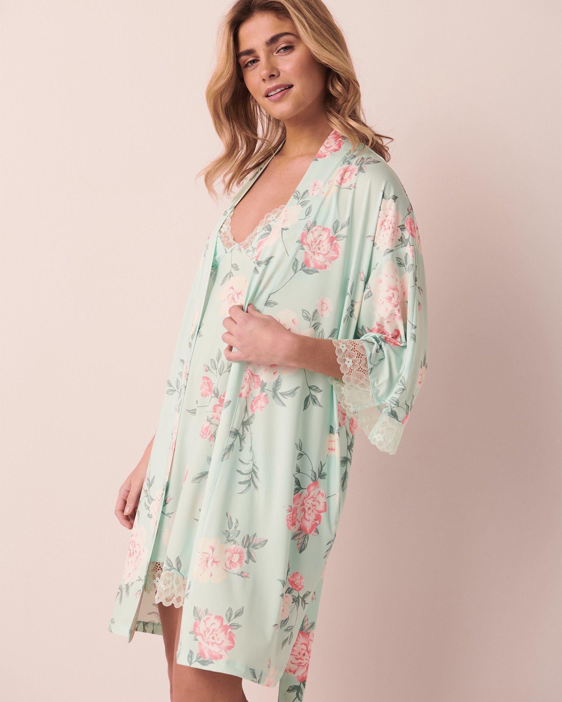 LA VIE EN ROSE Recycled Fibers Lace Trim Kimono English garden 60600046 - View1