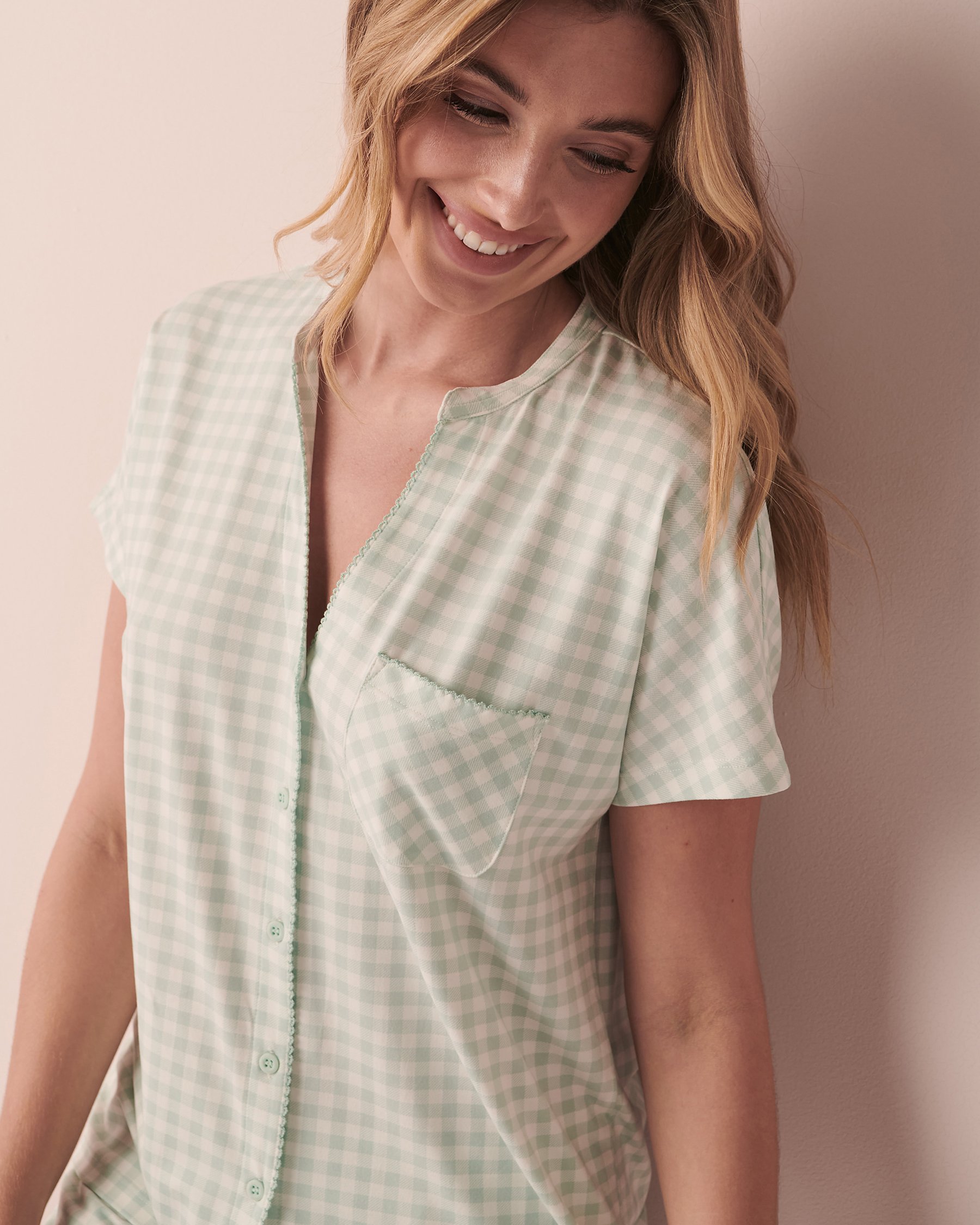 LA VIE EN ROSE Super Soft Short Sleeve Button-down Shirt Vichy 40100410 - View1