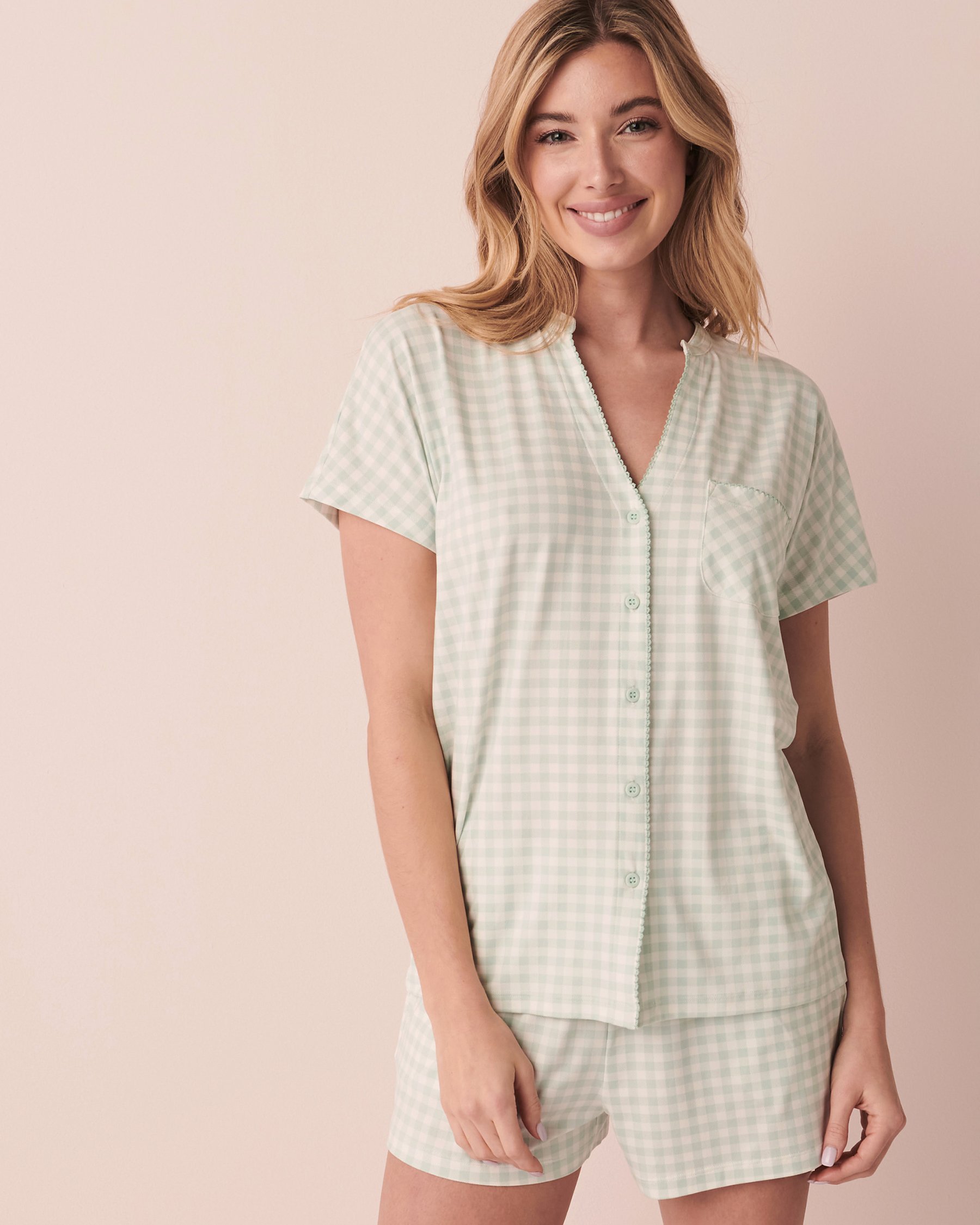 LA VIE EN ROSE Super Soft Short Sleeve Button-down Shirt Vichy 40100410 - View3