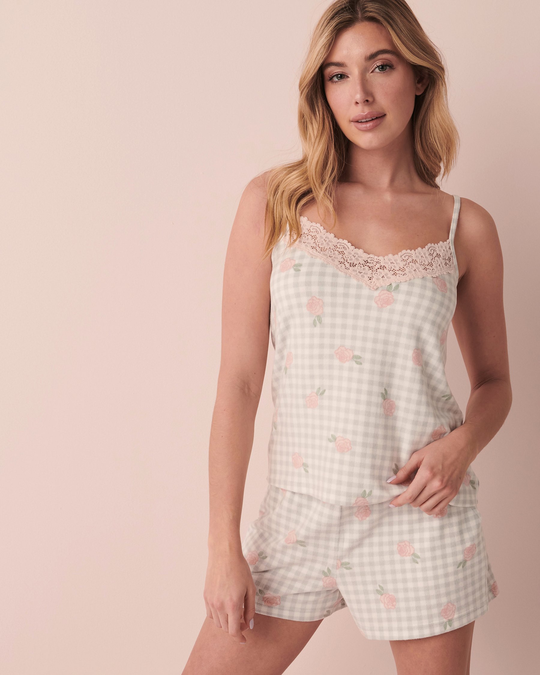 LA VIE EN ROSE Recycled Fibers Lace Trim Cami Vichy and roses 40100412 - View1