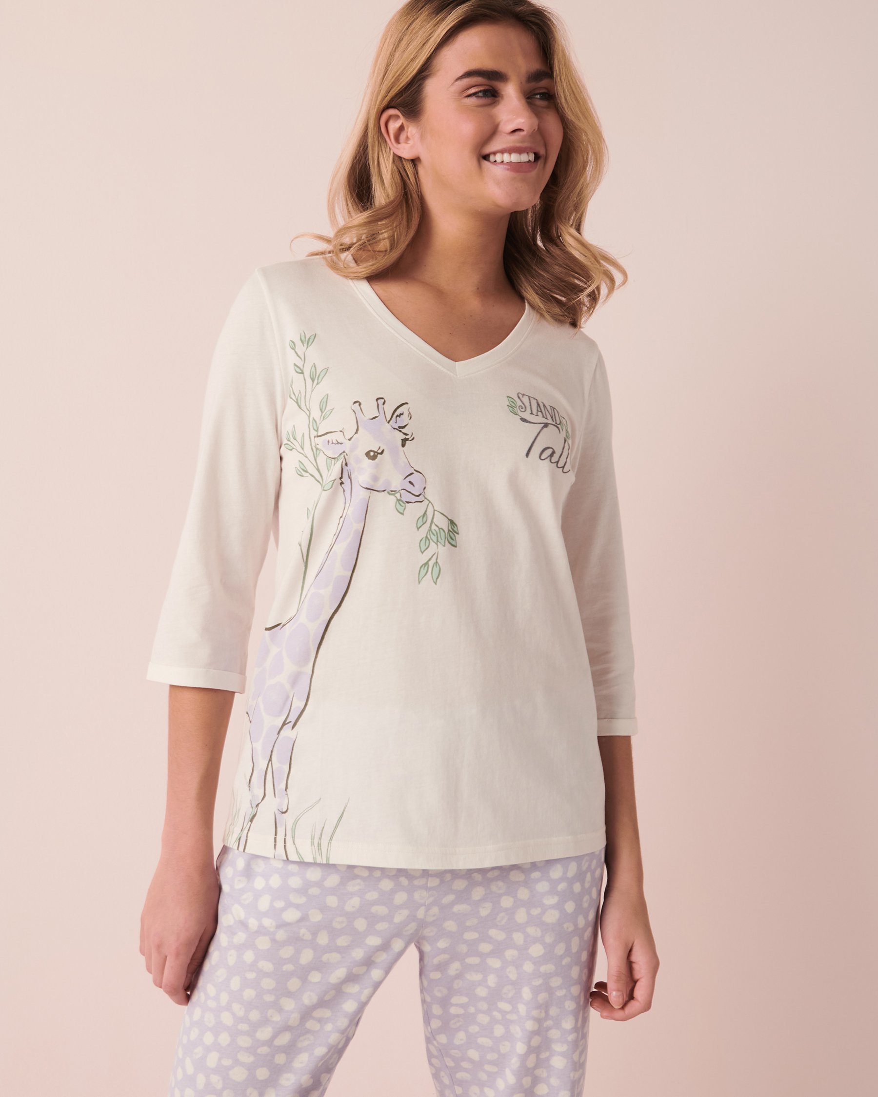 LA VIE EN ROSE Cotton V Neck 3/4 Sleeve Top Snow White 40100424 - View1