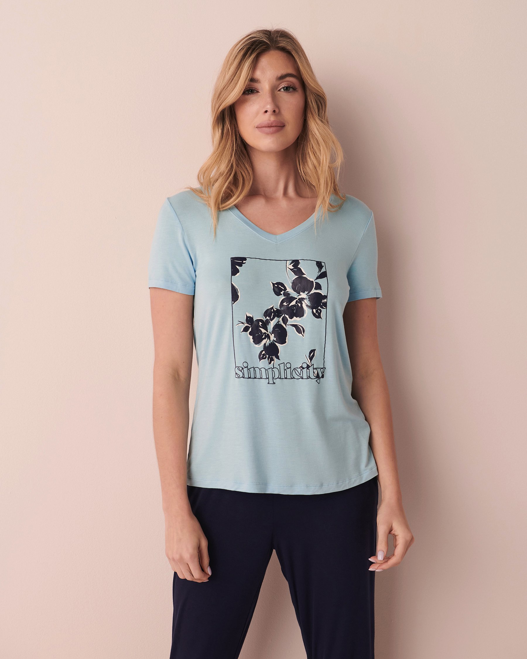 LA VIE EN ROSE Soft Jersey V-neck T-shirt Ocean blue 40100427 - View3