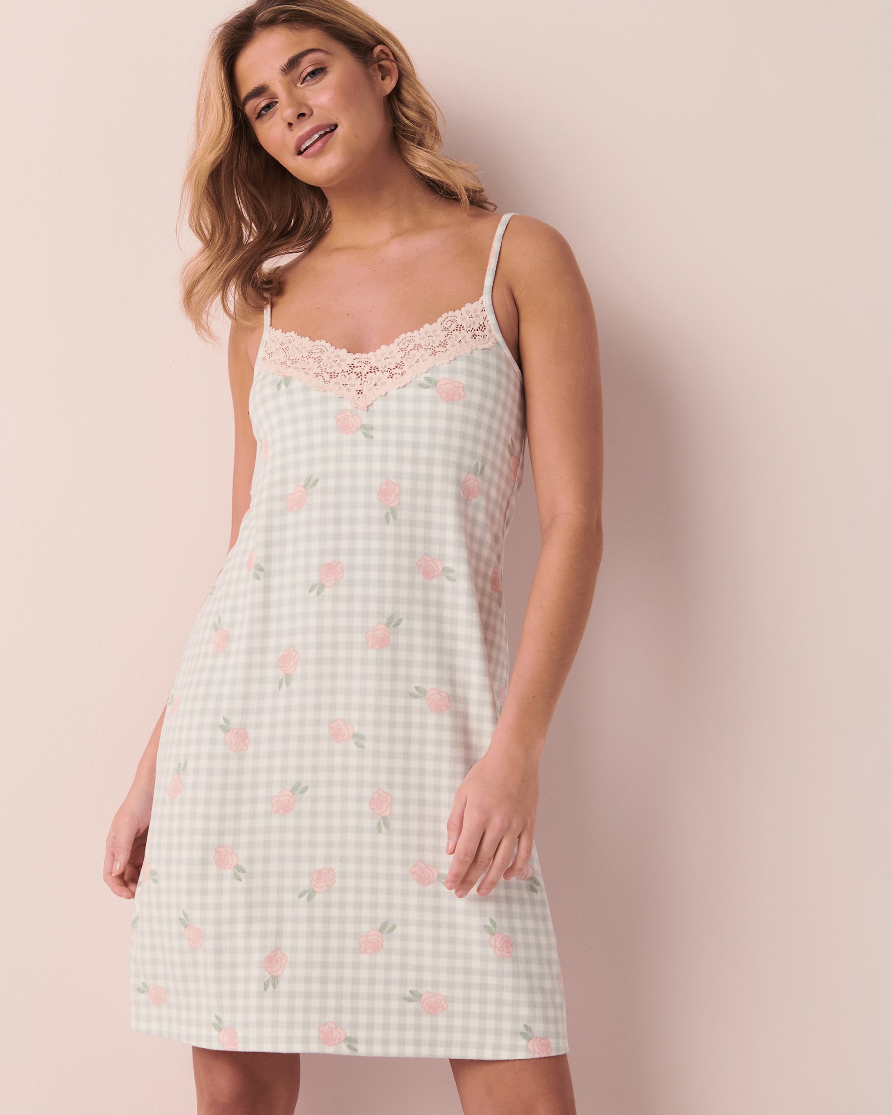 LA VIE EN ROSE Recycled Fibers Lace Trim Nightie Vichy and roses 40500251 - View3