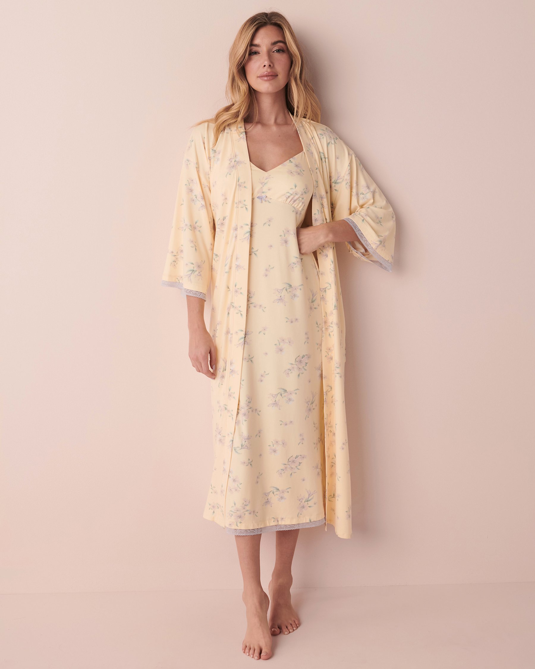 LA VIE EN ROSE Lace Trim Super Soft Long Kimono Yellow floral 40600125 - View1