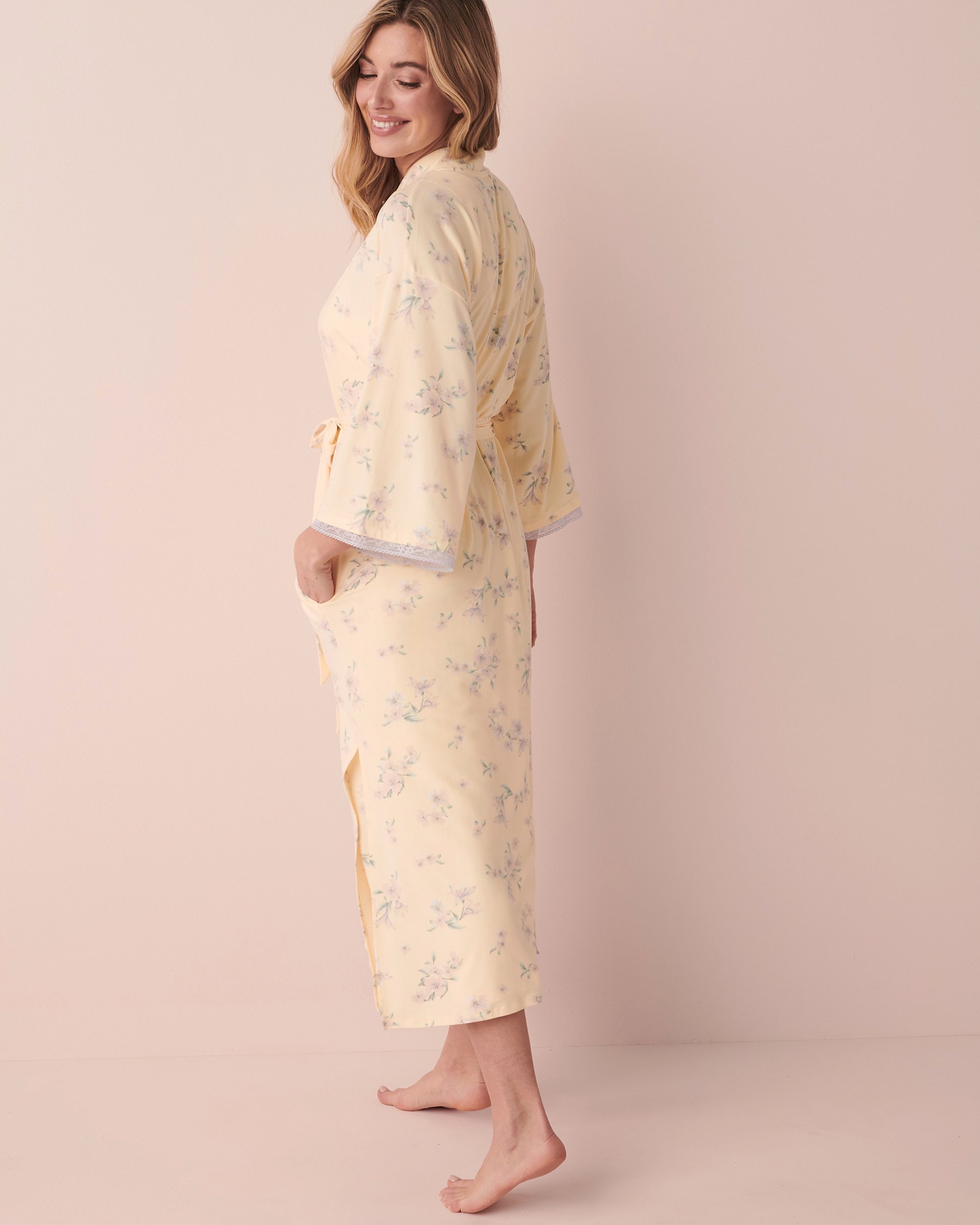 LA VIE EN ROSE Lace Trim Super Soft Long Kimono Yellow floral 40600125 - View4