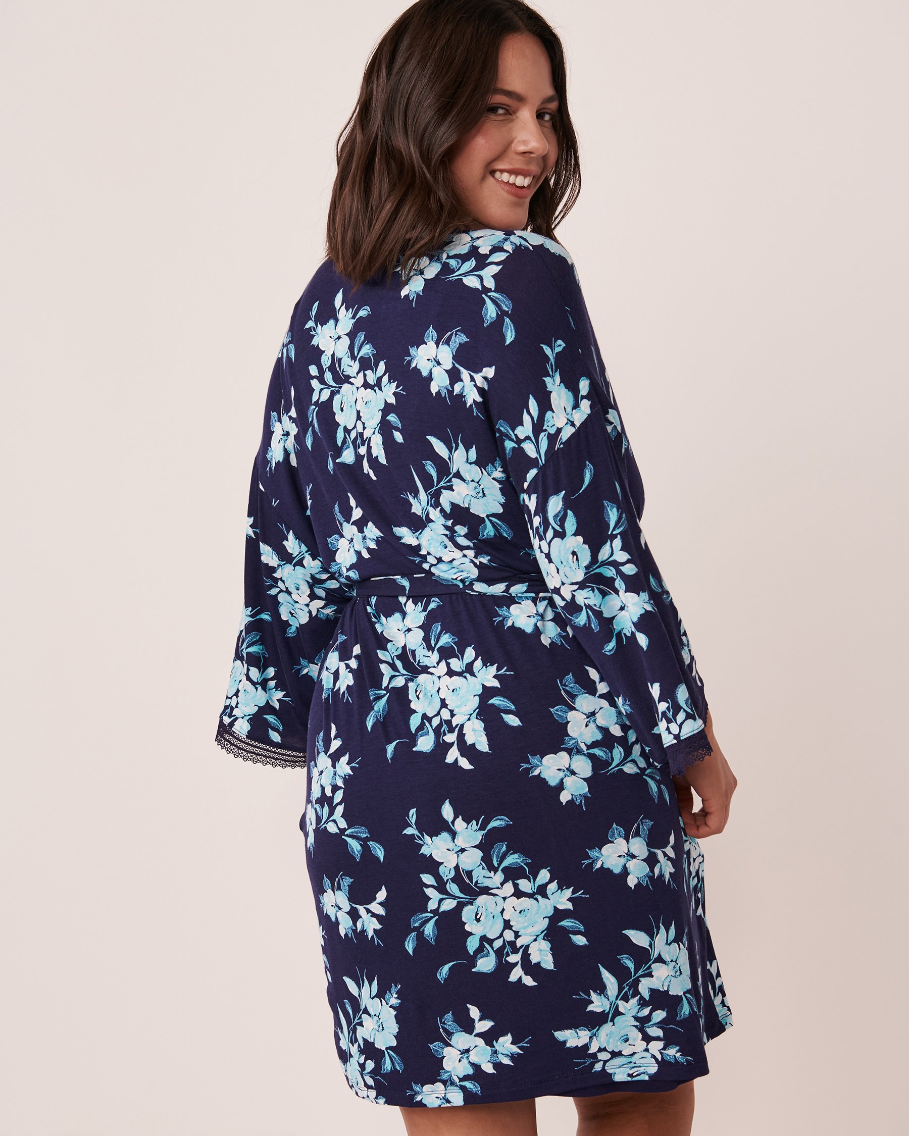 LA VIE EN ROSE Soft Jersey Lace Trim Kimono Navy floral 40600126 - View2