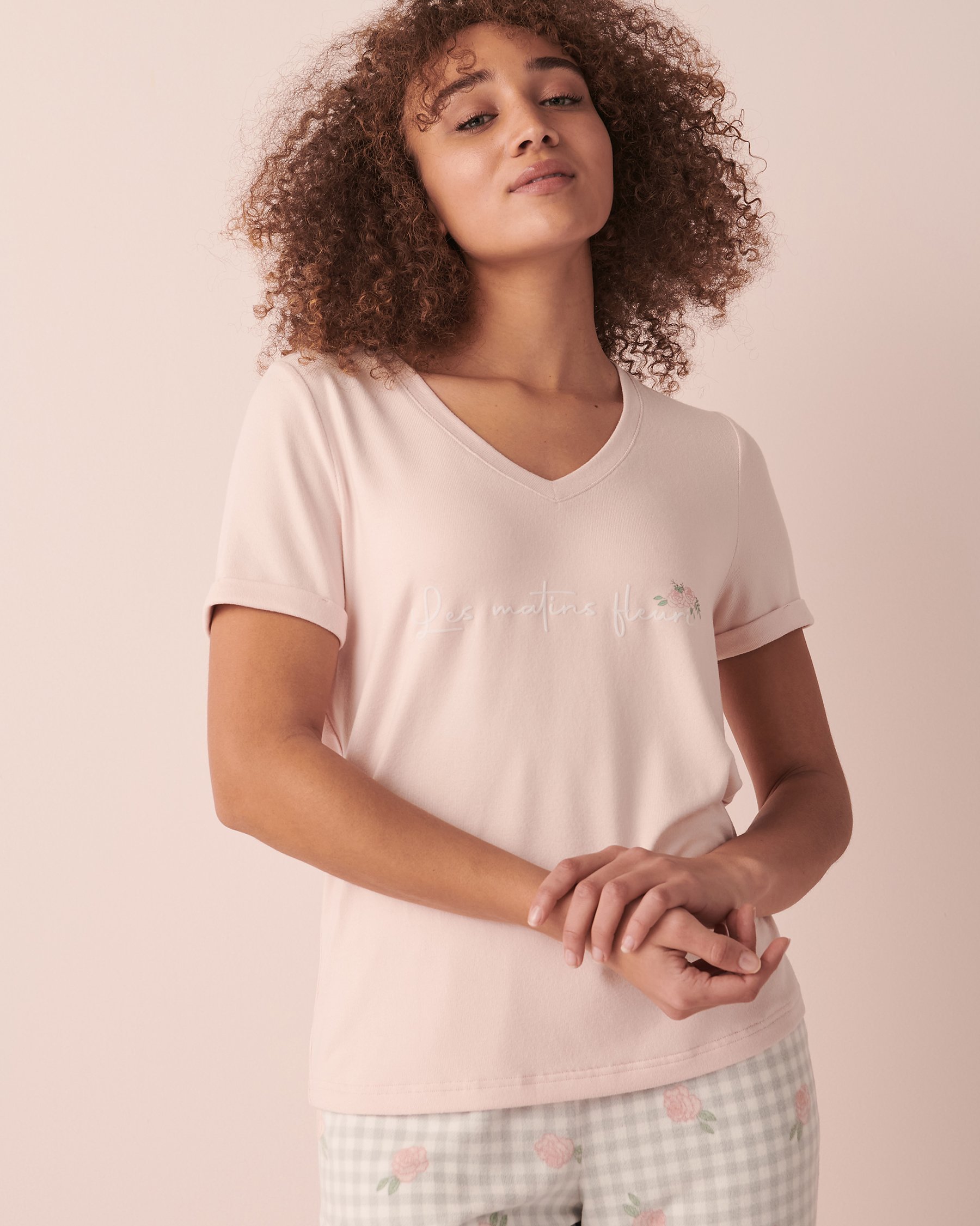 LA VIE EN ROSE T-shirt col en V en fibres recyclées Vieux rose 40100413 - Voir3