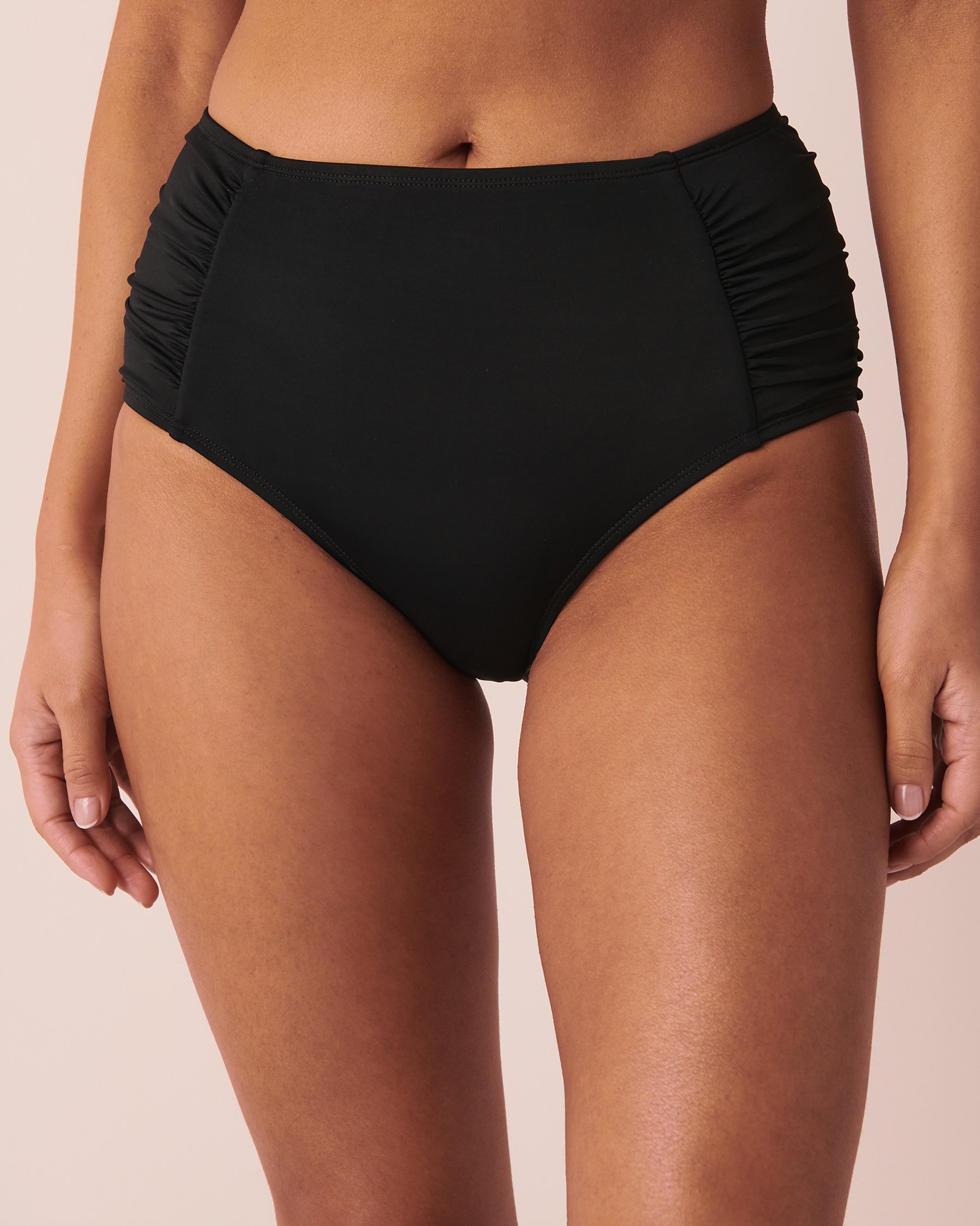 LA VIE EN ROSE AQUA SOLID Shirred Sides High Waist Bikini Bottom Black 70300401 - View1