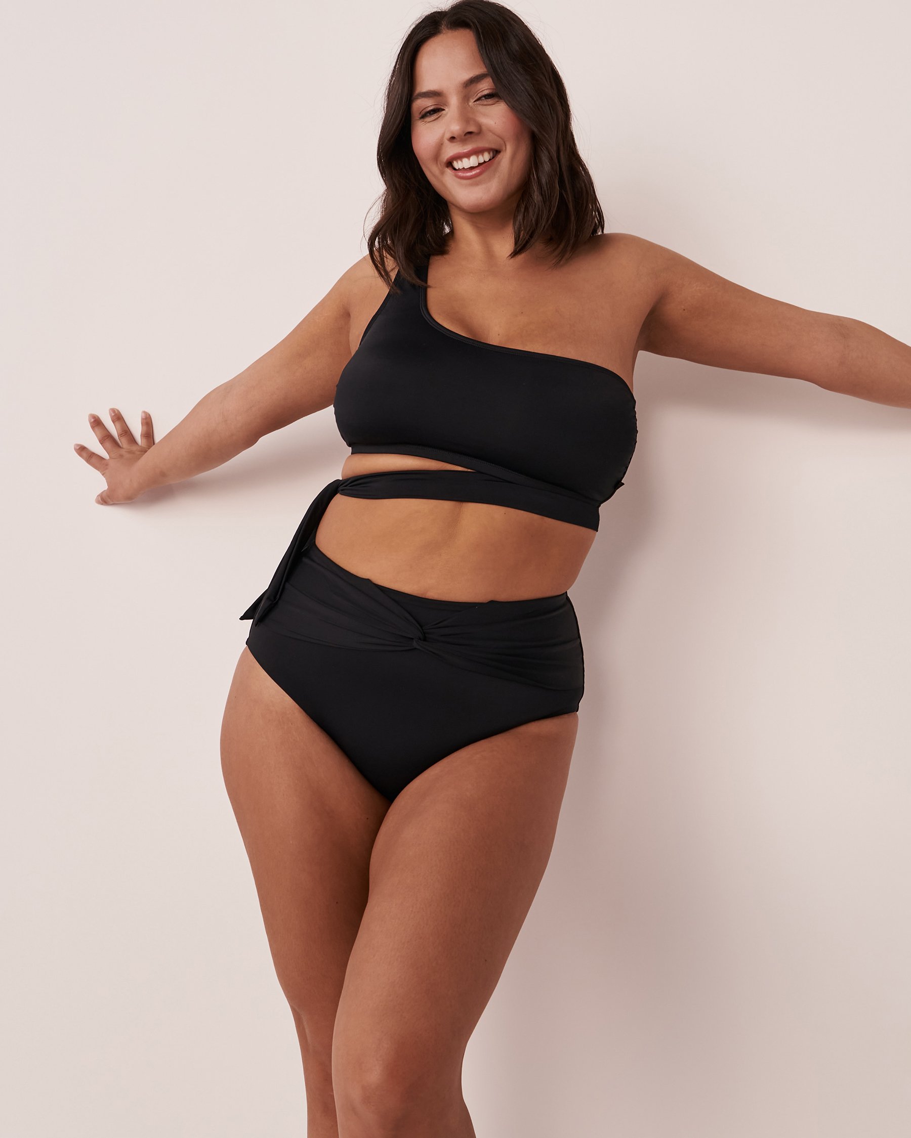 LA VIE EN ROSE AQUA SOLID One Shoulder Bandeau Bikini Top Black 70100433 - View3