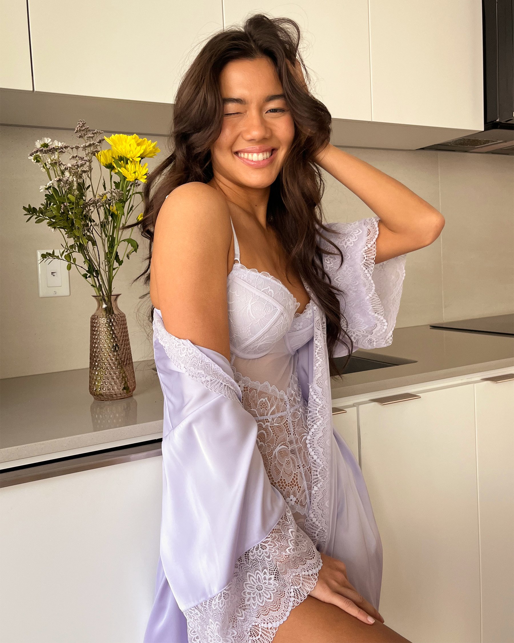 LA VIE EN ROSE Lace Trim Satin Kimono Lavender 60600045 - View9