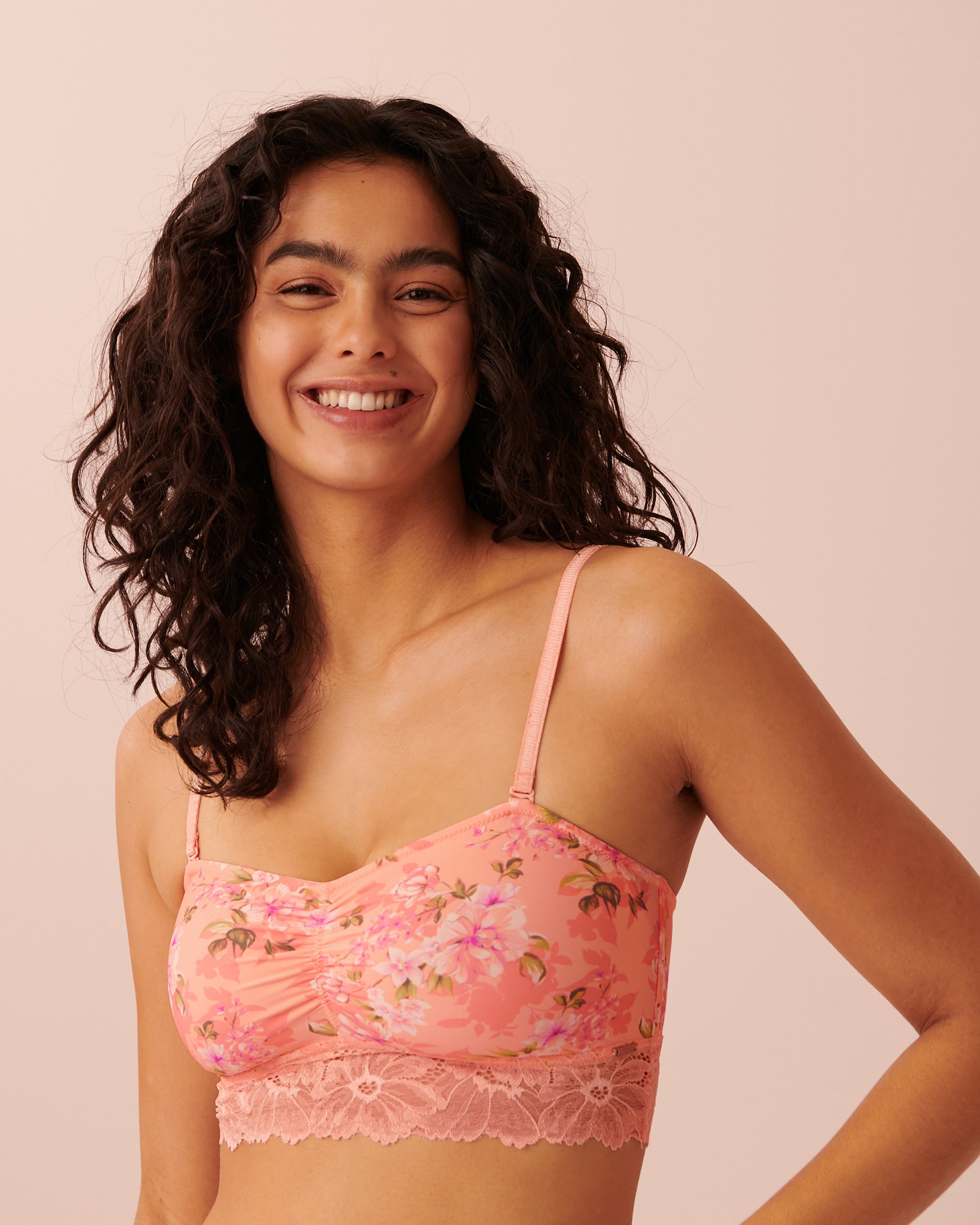 LA VIE EN ROSE Soutien-gorge bandeau doublure légère bordure de dentelle Floral pêche 10200275 - View4