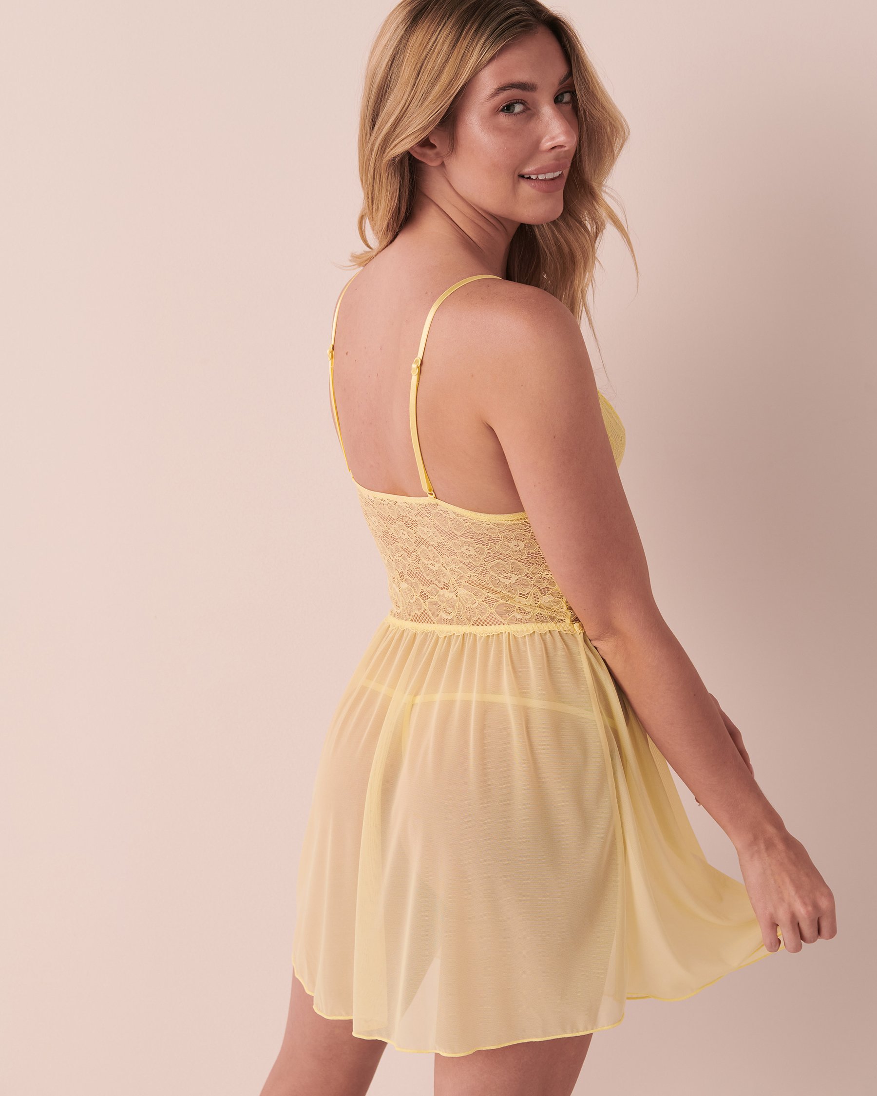 LA VIE EN ROSE Lace and Mesh Plunge Nightie Yellow 60500097 - View2
