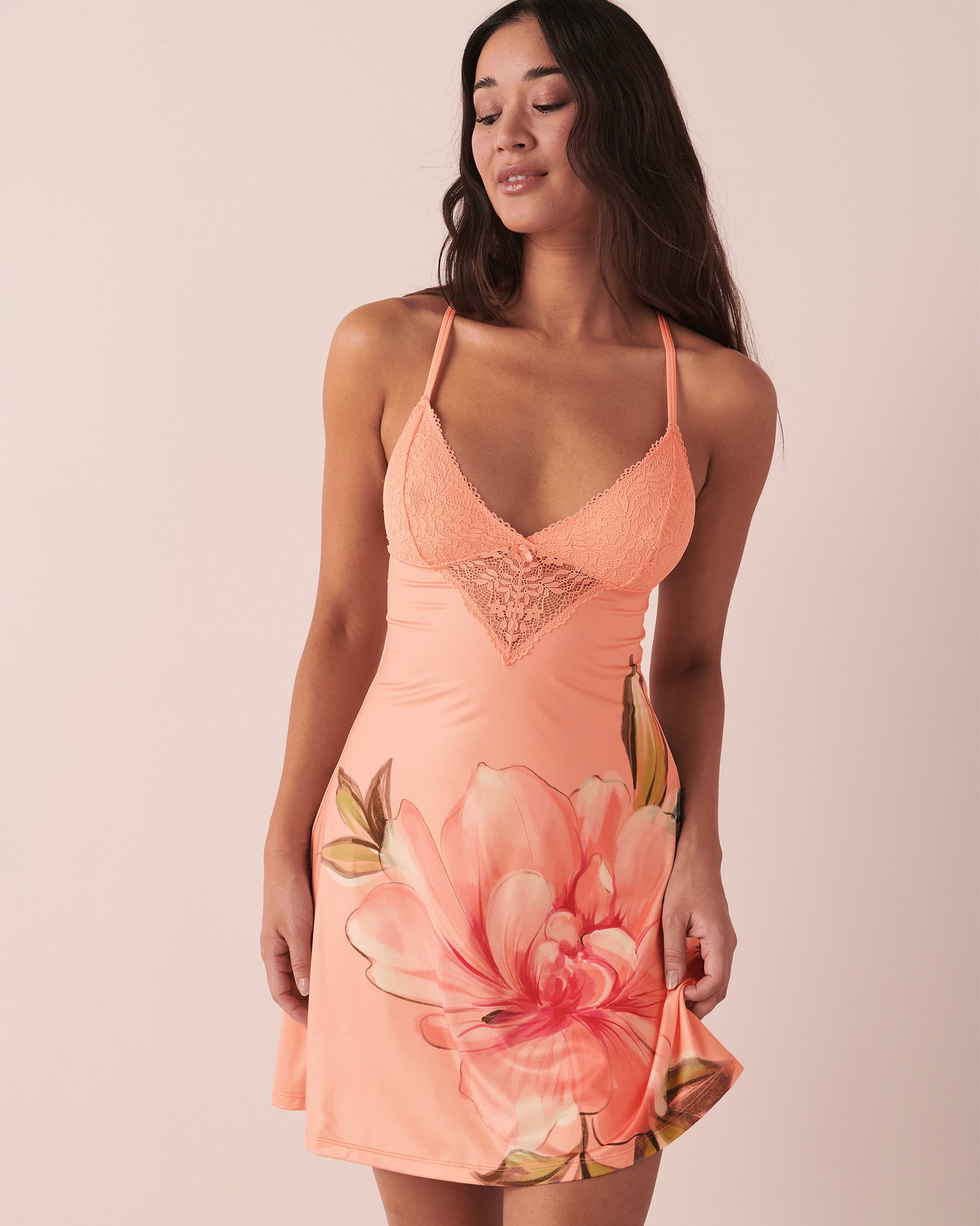 LA VIE EN ROSE Nuisette détail de dentelle en fibres recyclées Floral pêche 60500095 - View4