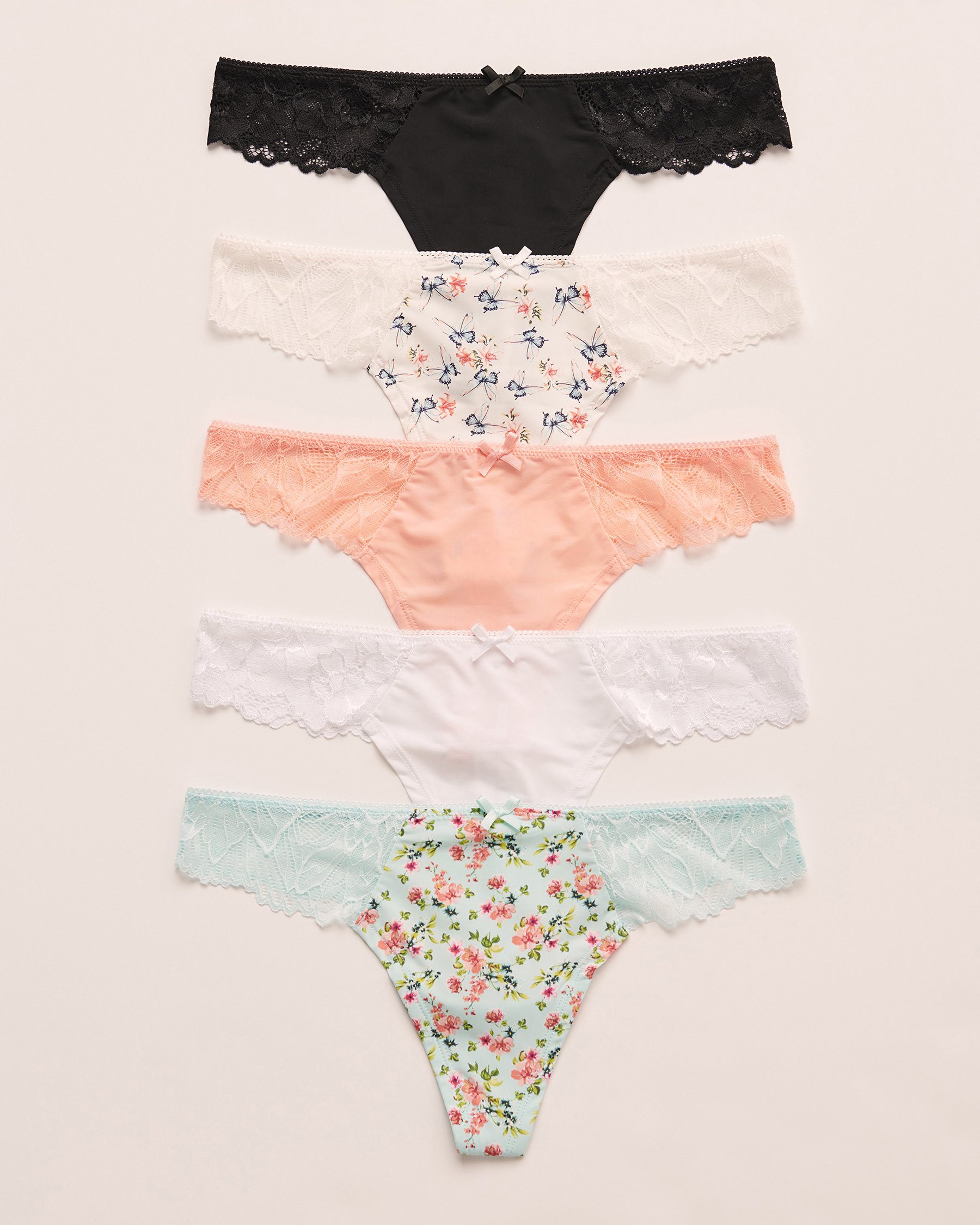 LA VIE EN ROSE 5-Pack Microfiber and Lace Thong Panty Multicolor 20200329-5PK - View1