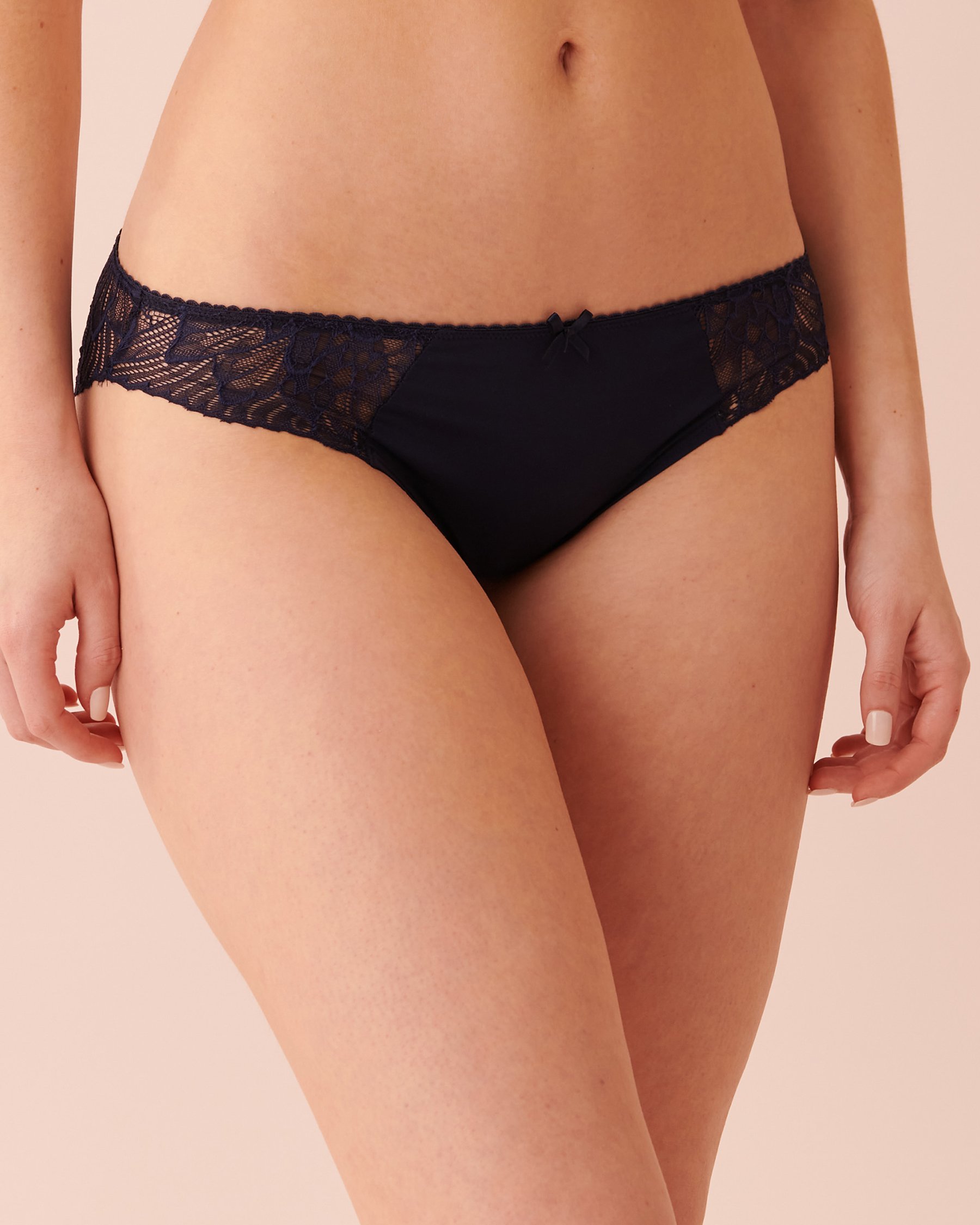LA VIE EN ROSE Microfiber and Lace Bikini Panty Midnight blue 20200330 - View1