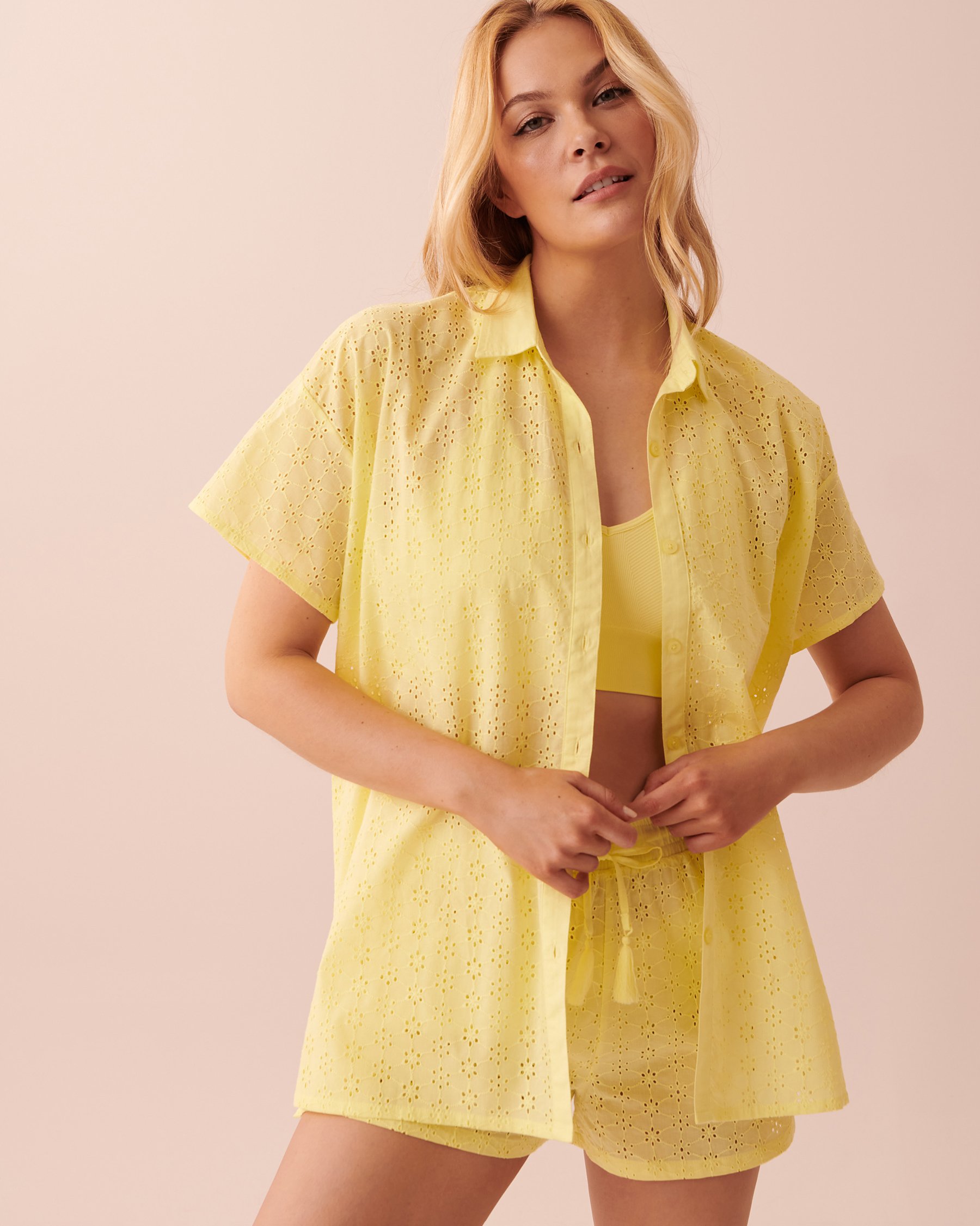 LA VIE EN ROSE Eyelet Short Sleeve Button-down Shirt Yellow 40100430 - View3