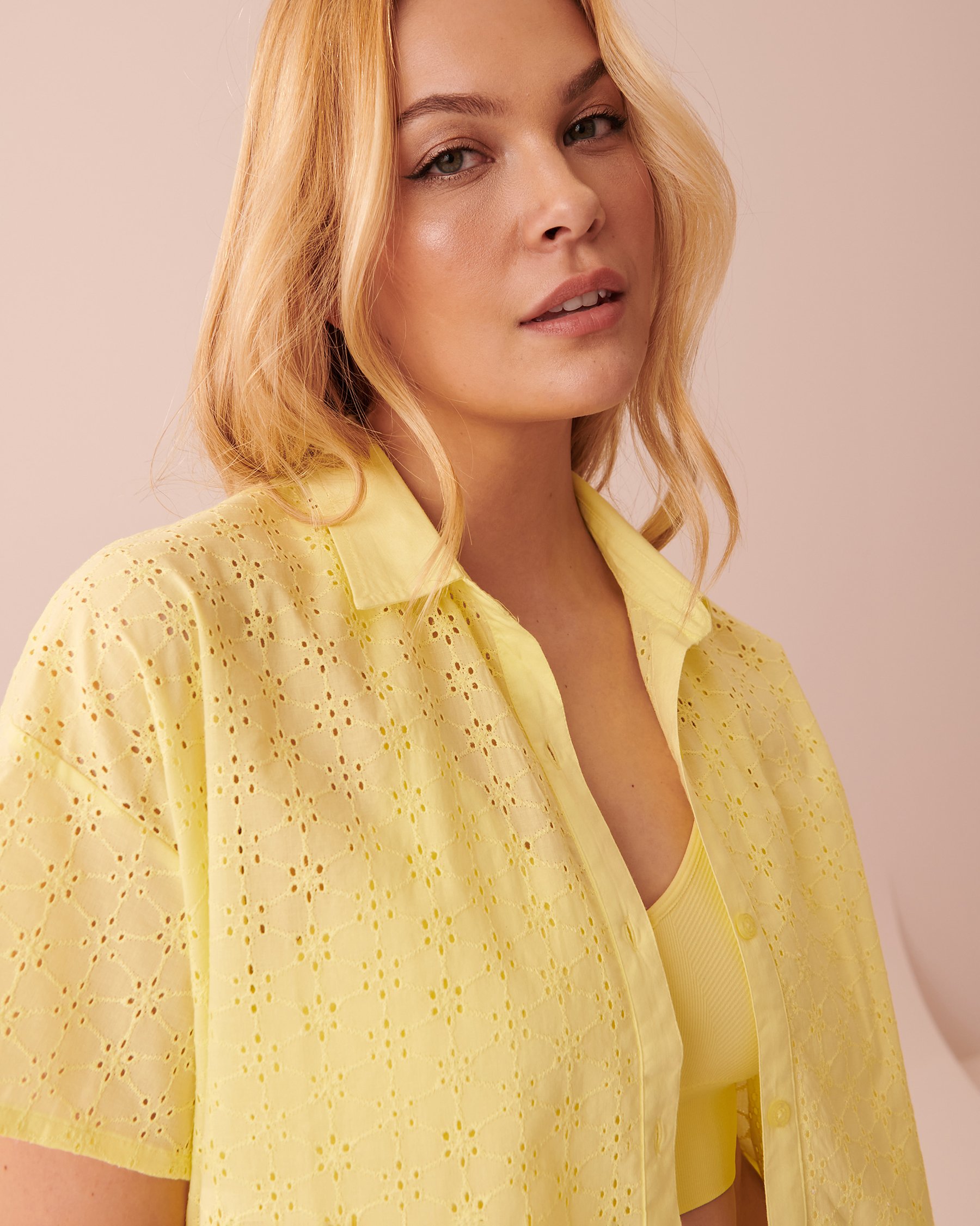 LA VIE EN ROSE Eyelet Short Sleeve Button-down Shirt Yellow 40100430 - View5