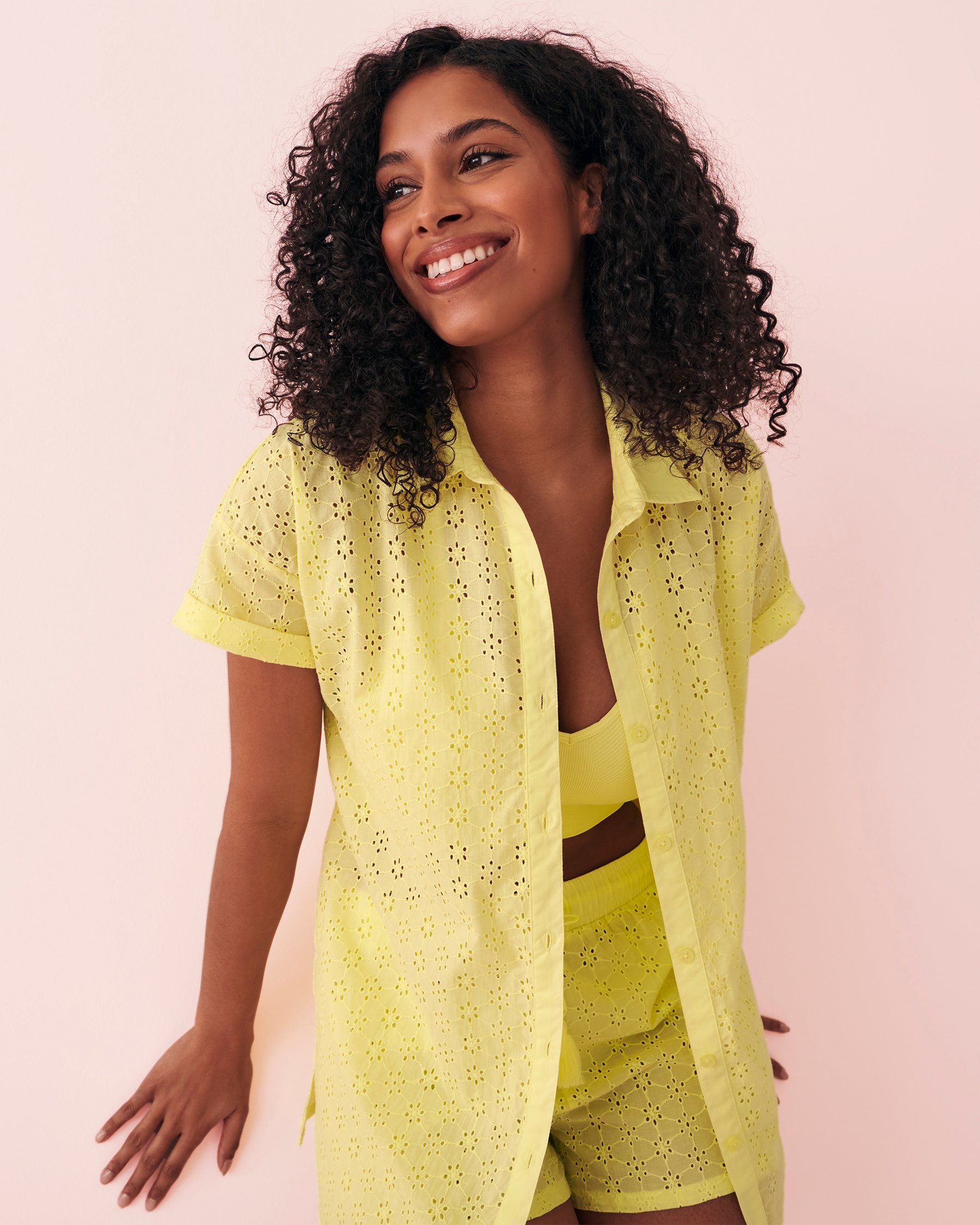 LA VIE EN ROSE Eyelet Short Sleeve Button-down Shirt Yellow 40100430 - View1