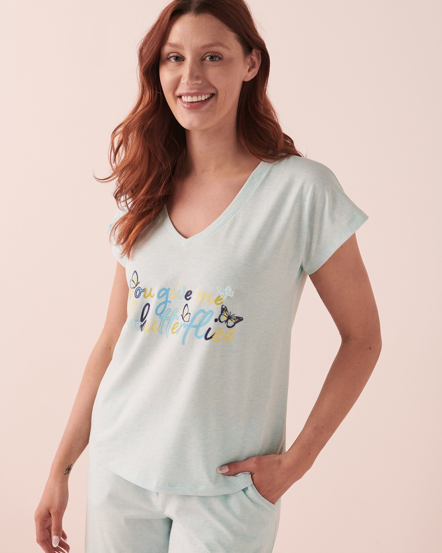 LA VIE EN ROSE Cotton V-neck T-shirt Blue mix 40100442 - View1